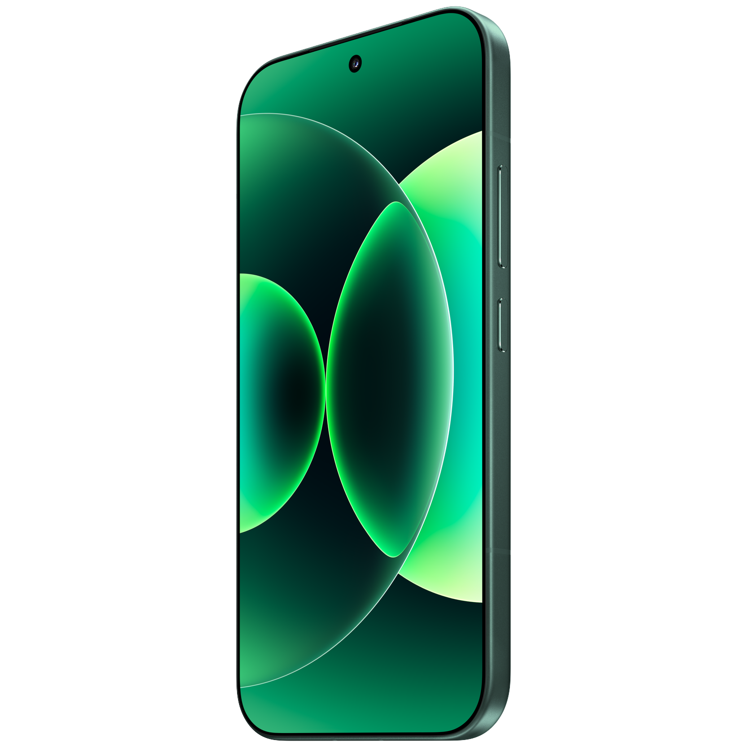 Dark green smartphone with an abstract green wallpaper on its screen.