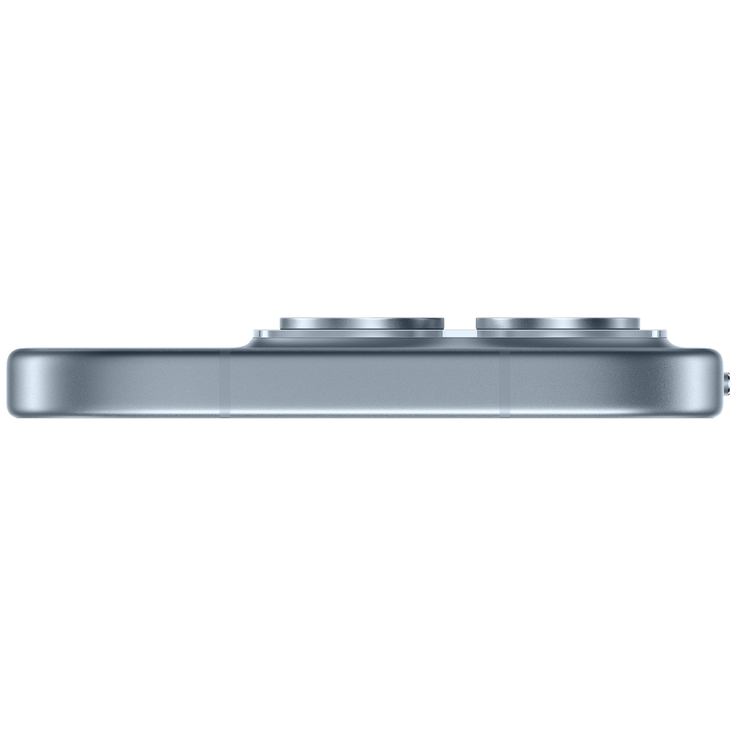 Close-up of the top of a blue smartphone with two cameras.