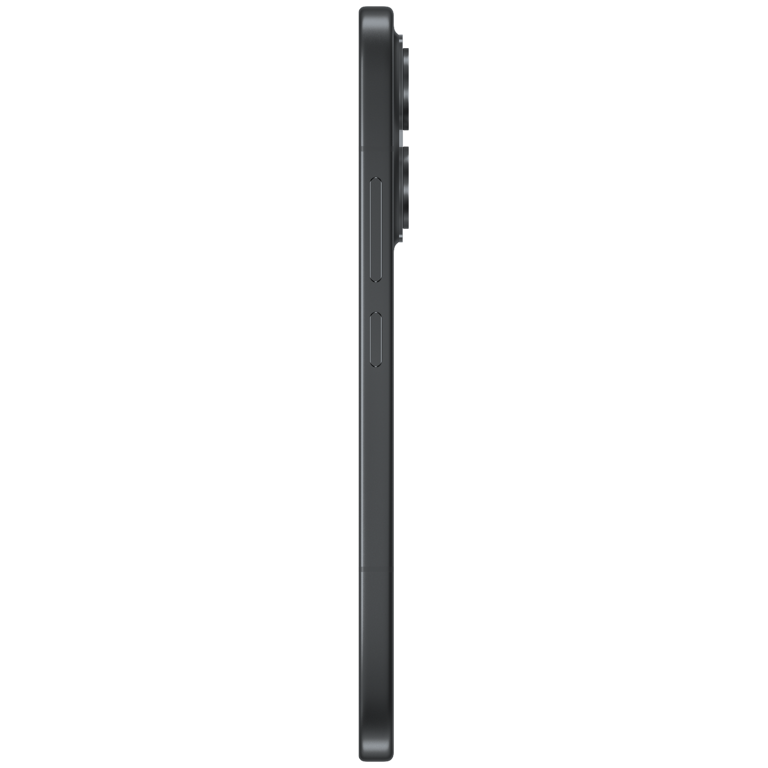 Dark gray smartphone shown from the side, with camera lenses on the top right.