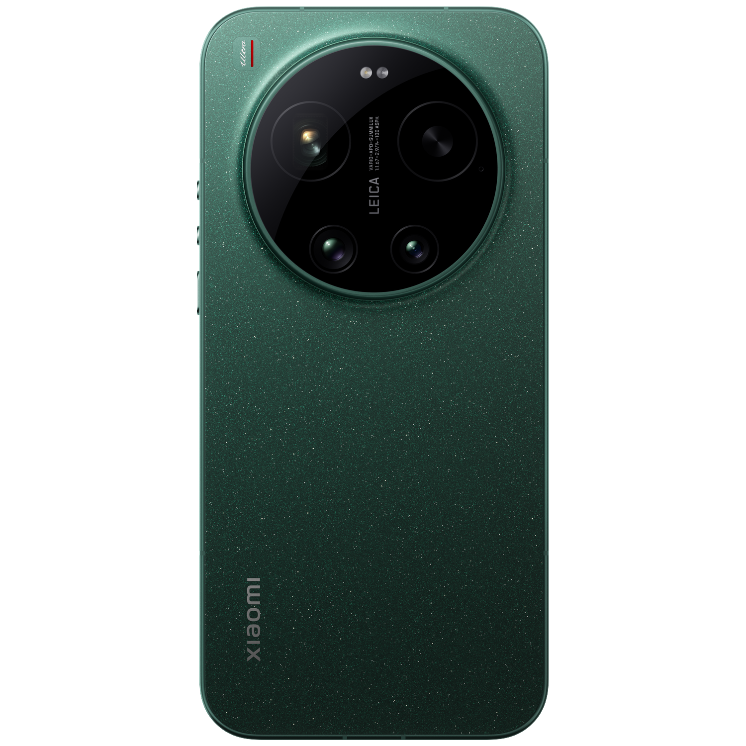 Green Xiaomi smartphone back with Leica camera and glitter finish.