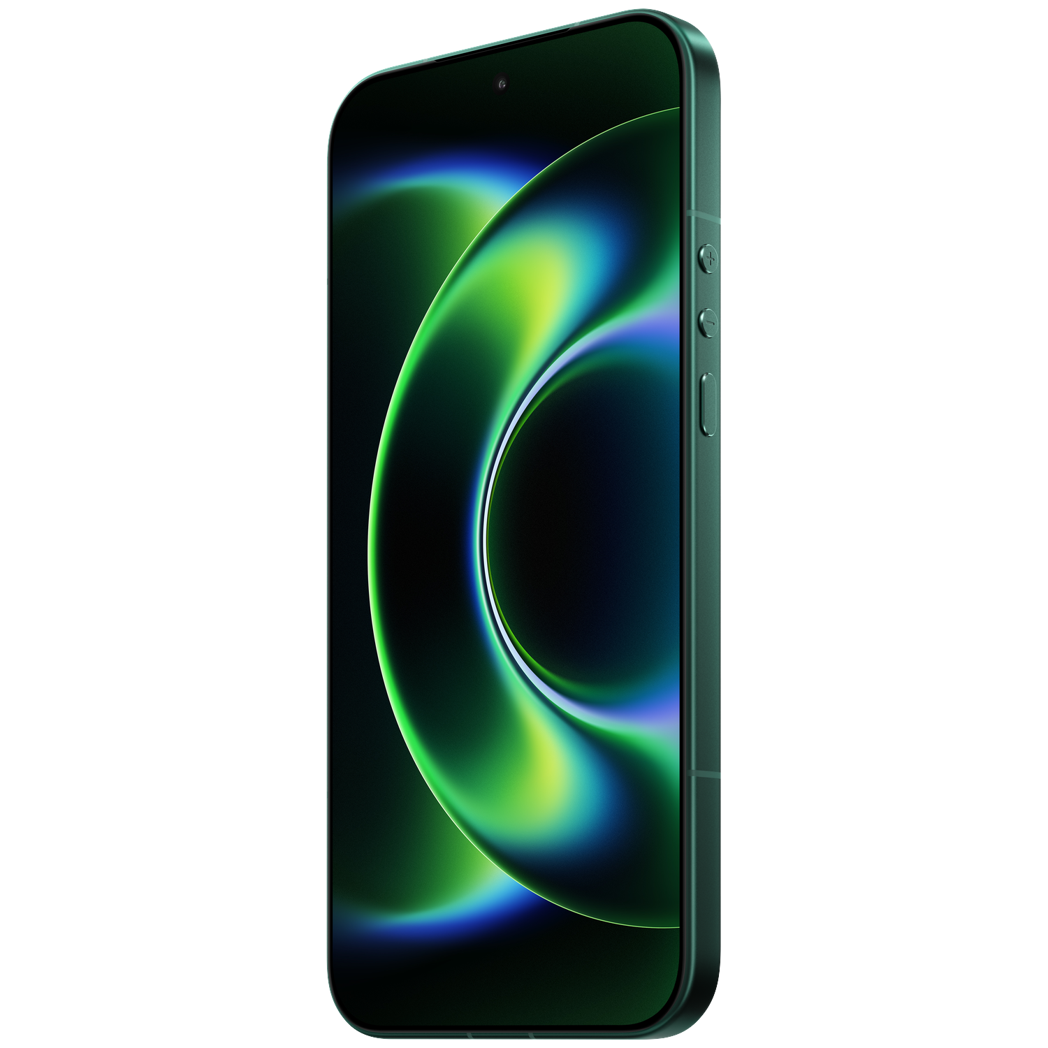 A green smartphone displaying an abstract green and blue wallpaper.