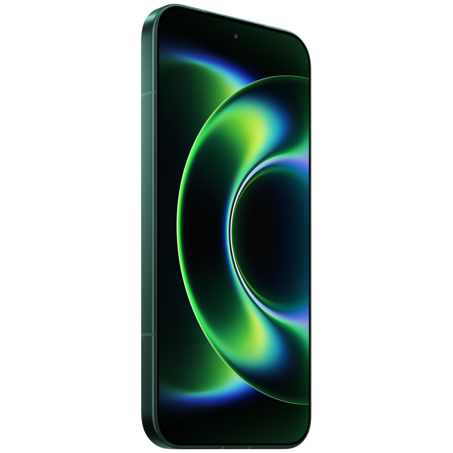 Dark green smartphone with abstract, glowing green and blue background.