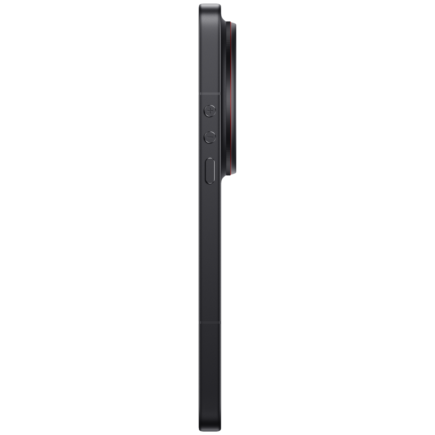 Dark smartphone in profile with volume buttons and camera lens.