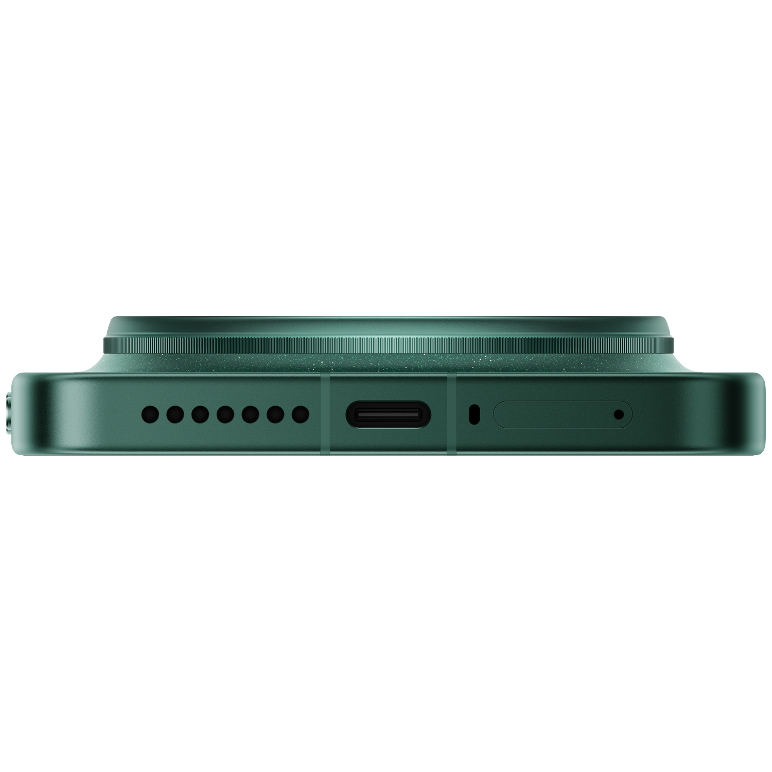 Dark green smartphone with charging port and speaker holes.