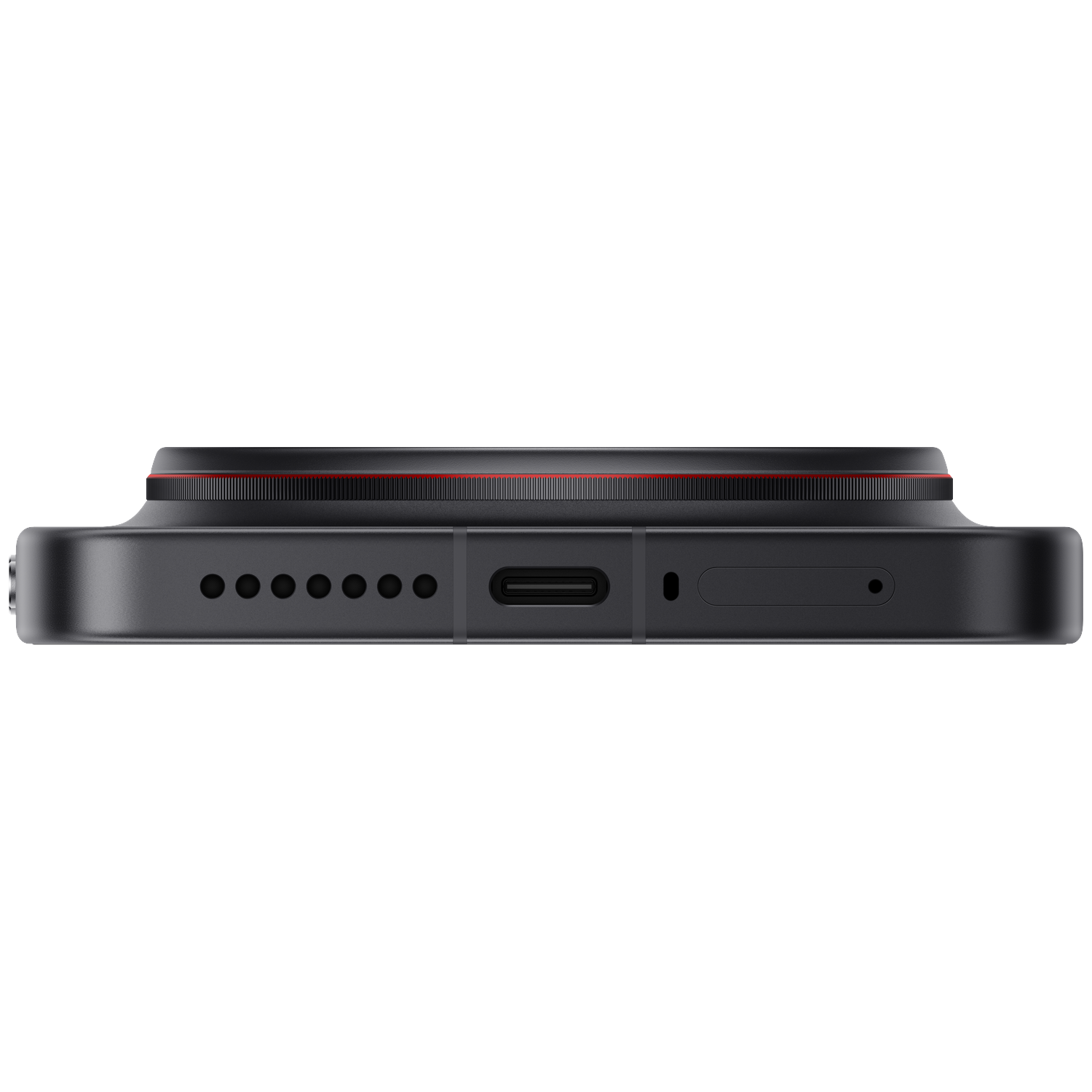 Bottom view of a black smartphone showing charging port, speaker grille, and red accents.