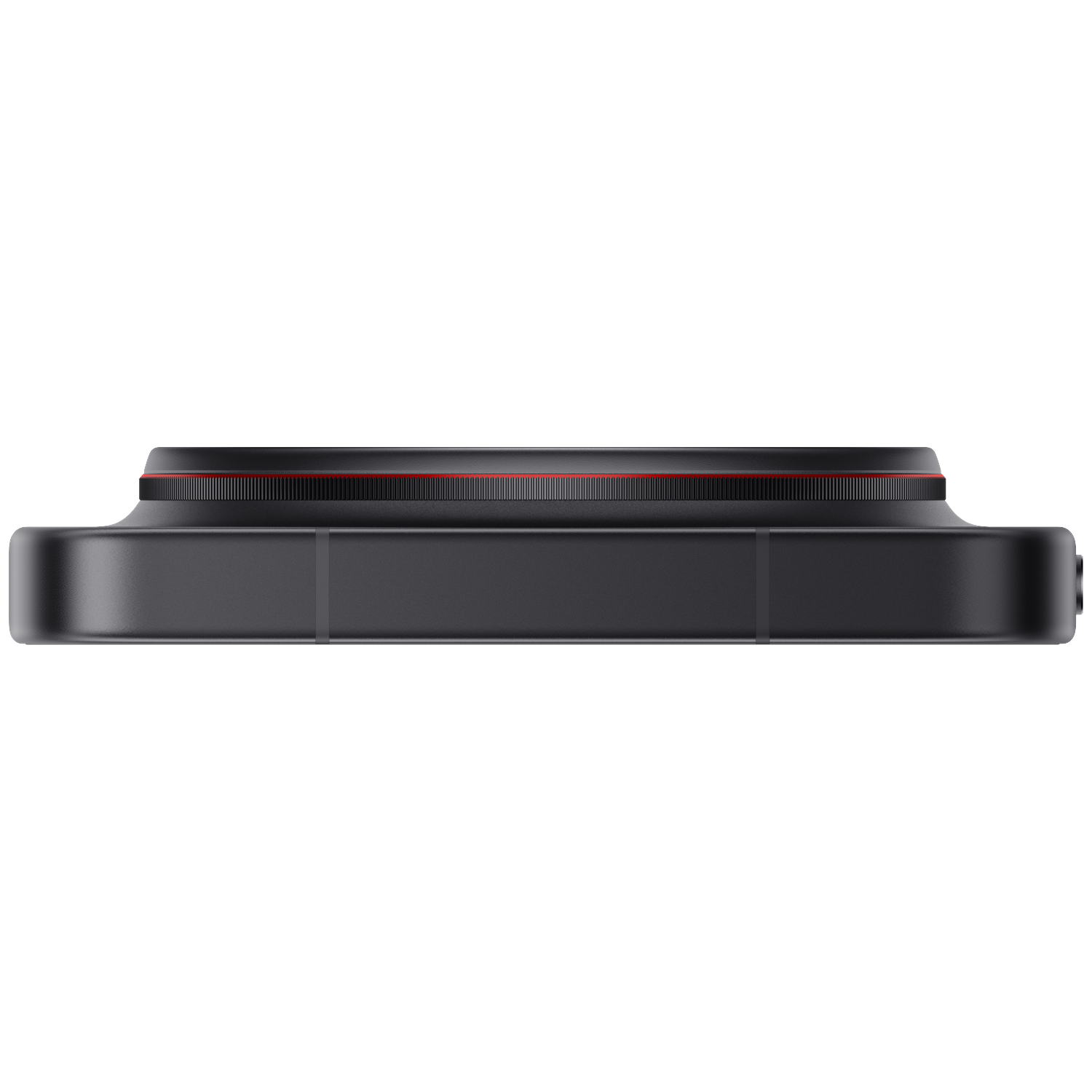 Gray object with red ring and ribbed edges, viewed from the side.