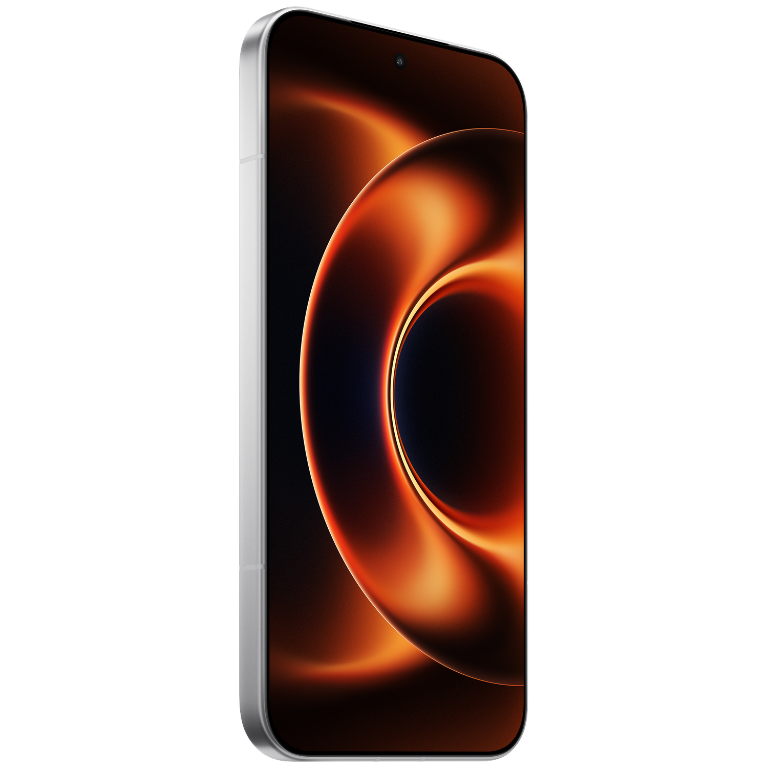 A sleek smartphone with a silver frame, featuring a swirling orange and black background.