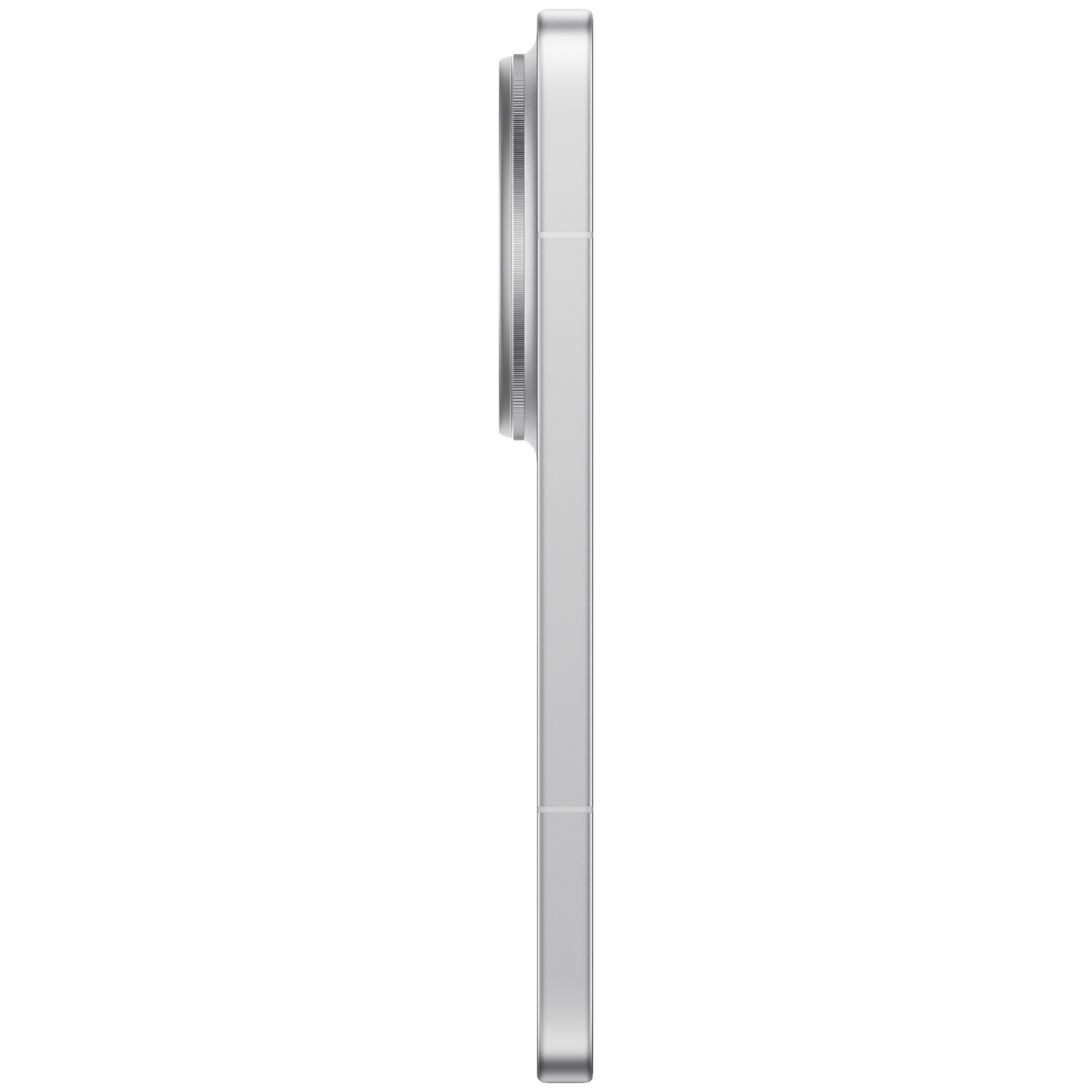 Side view of a modern silver smartphone on a white background.