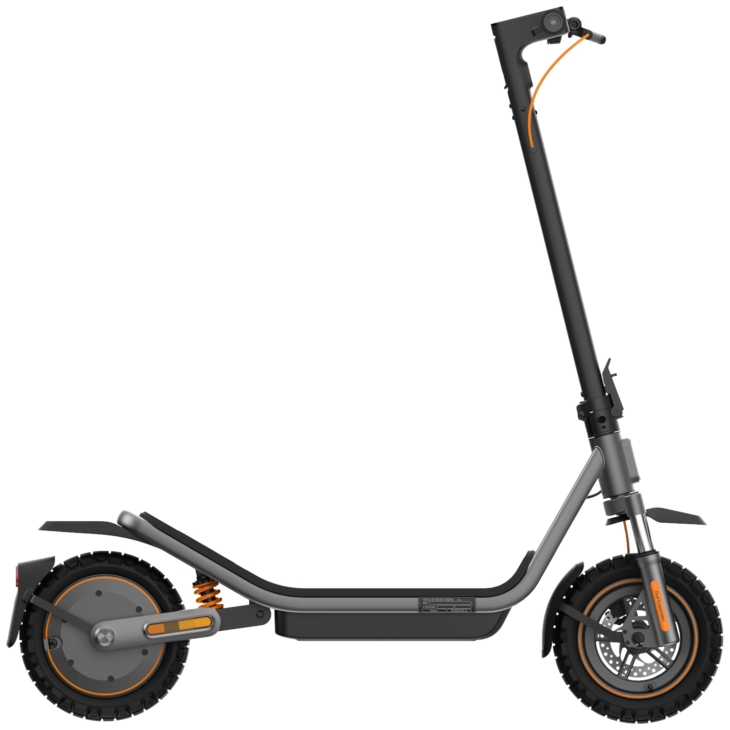 Een grijze elektrische step met grote wielen, oranje accenten en vering.