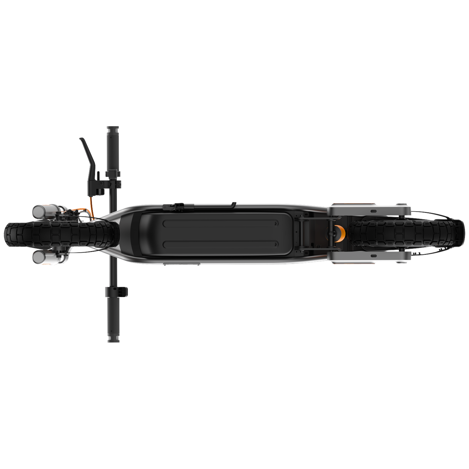 Bovenaanzicht van een zwarte elektrische scooter met zilveren frame en oranje accenten.