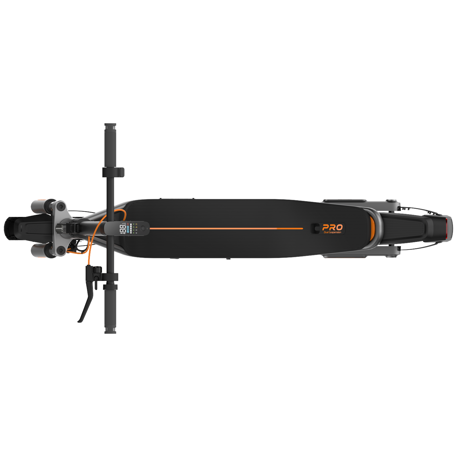 Bovenaanzicht van een zwarte elektrische scooter met oranje accenten en digitaal display.