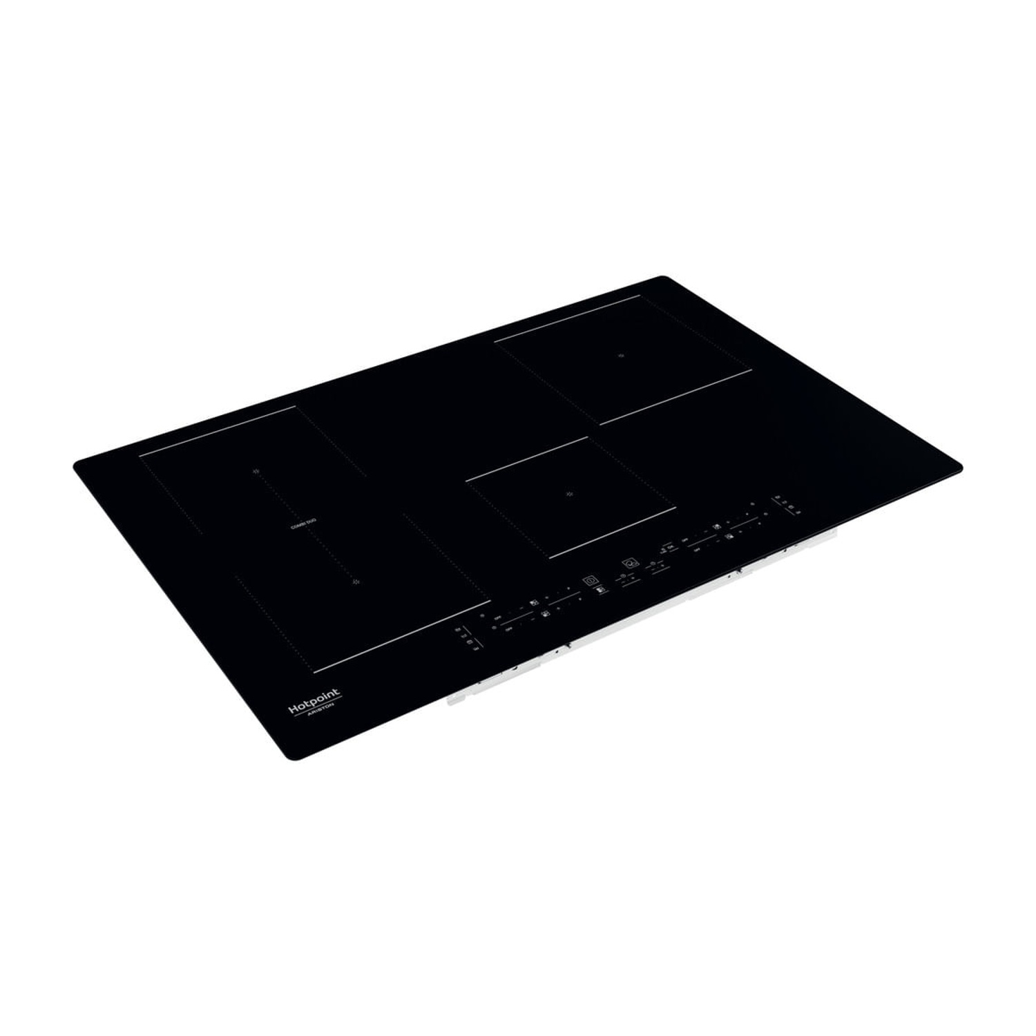 Piano cottura a induzione nero con quattro zone di cottura e pannello touch.