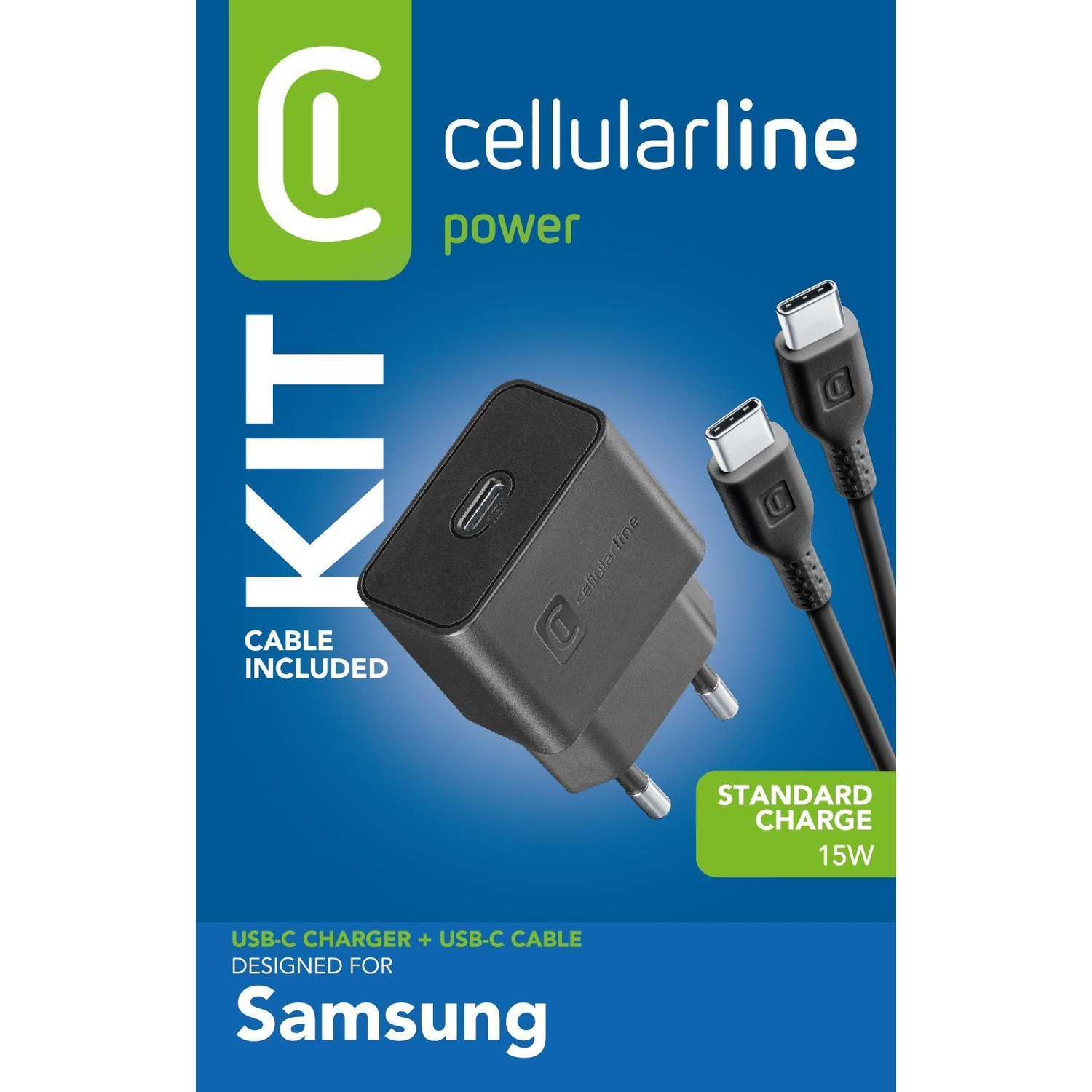 Caricatore e cavo USB-C Cellularline per Samsung, carica standard 15W.