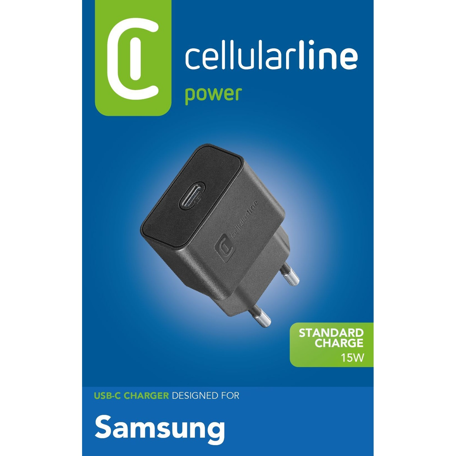 Adattatore di corrente USB-C Cellularline, nero, 15W, per Samsung.