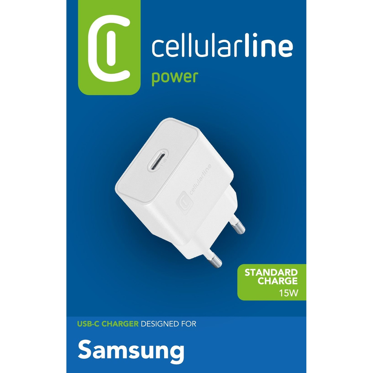 Caricatore USB-C bianco per Samsung, ricarica standard 15W.