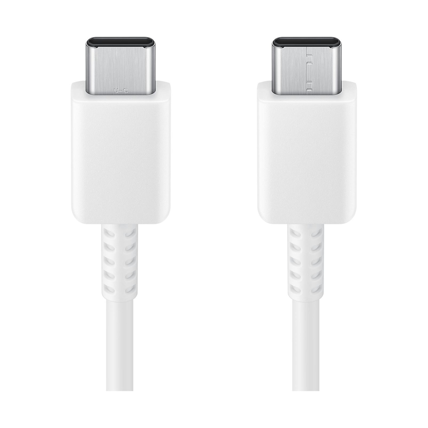 Due cavi USB-C bianchi con connettori argentati. Primo piano.