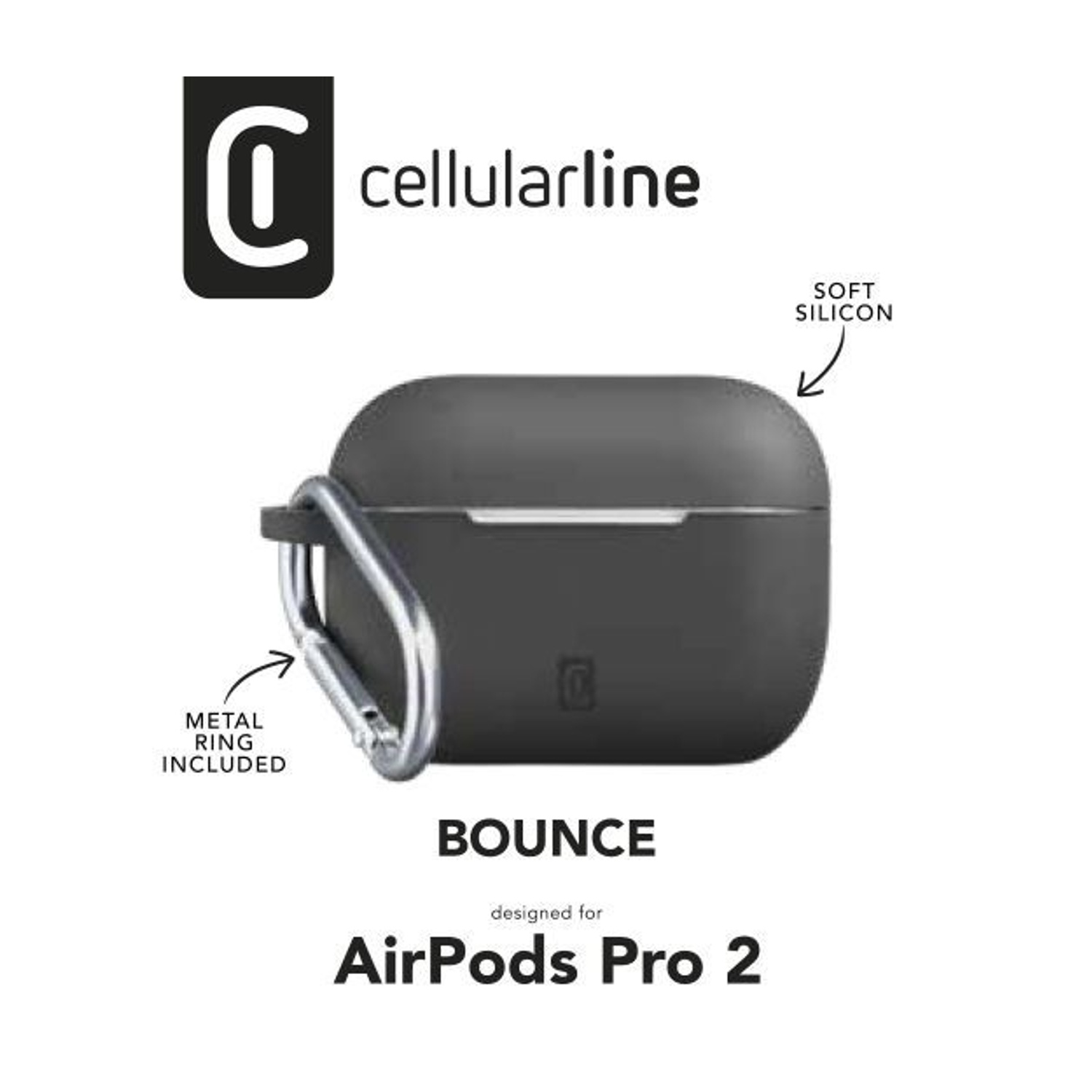 Custodia grigio scuro per AirPods Pro 2 con anello metallico e logo Cellularline.