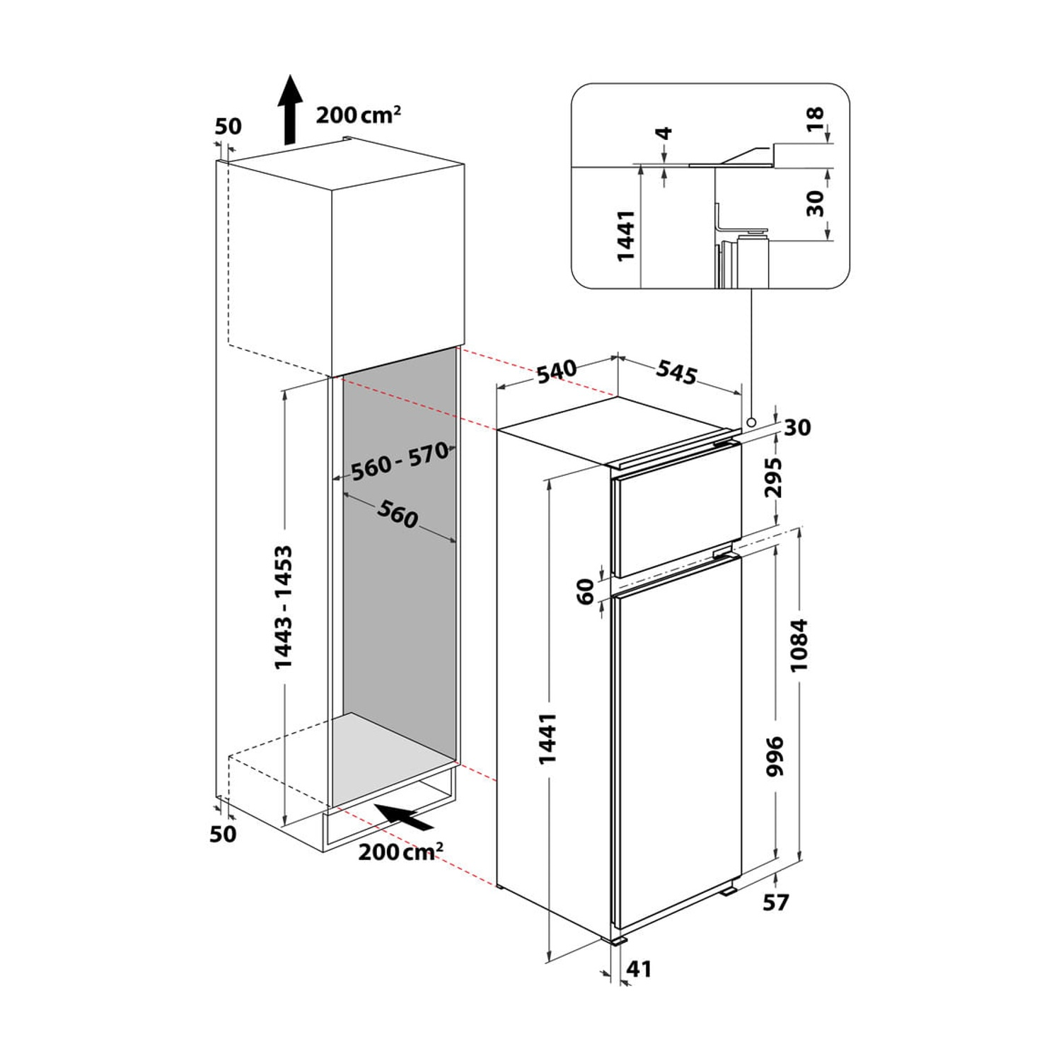 Disegno tecnico di un frigorifero con dimensioni e dettagli.