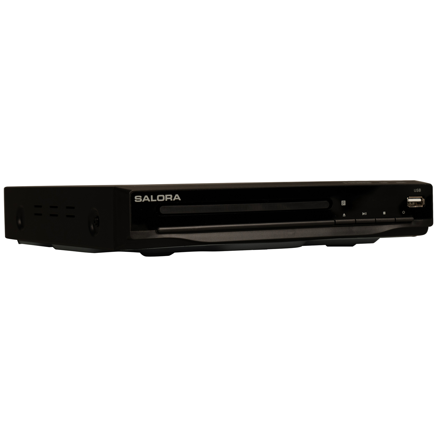Zwarte DVD-speler met "SALORA"-logo, USB-poort en bedieningsknoppen.