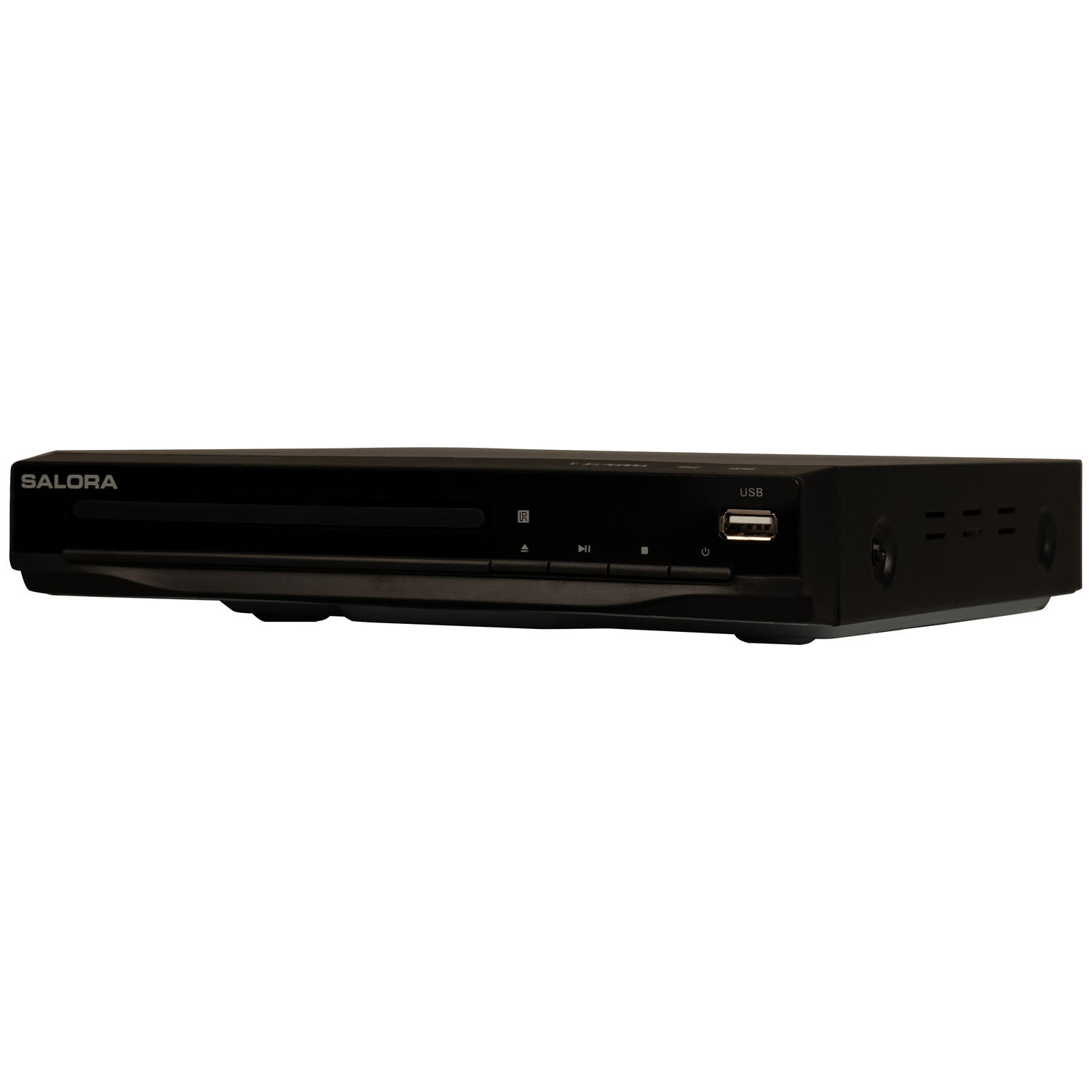 Een zwarte dvd-speler met SALORA-logo, USB-poort en bedieningsknoppen.