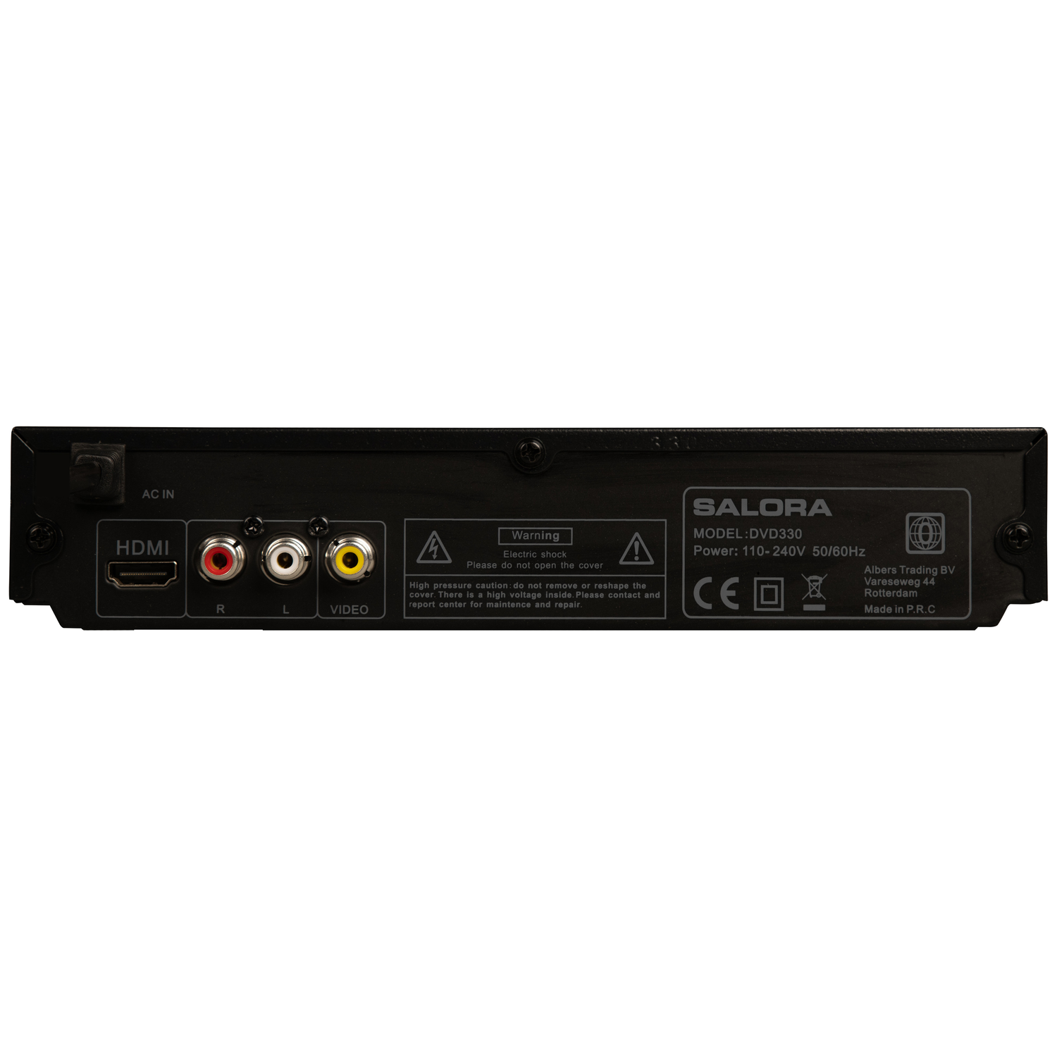 Achterkant van een zwarte dvd-speler met AC IN, HDMI, R, L, VIDEO poorten.
