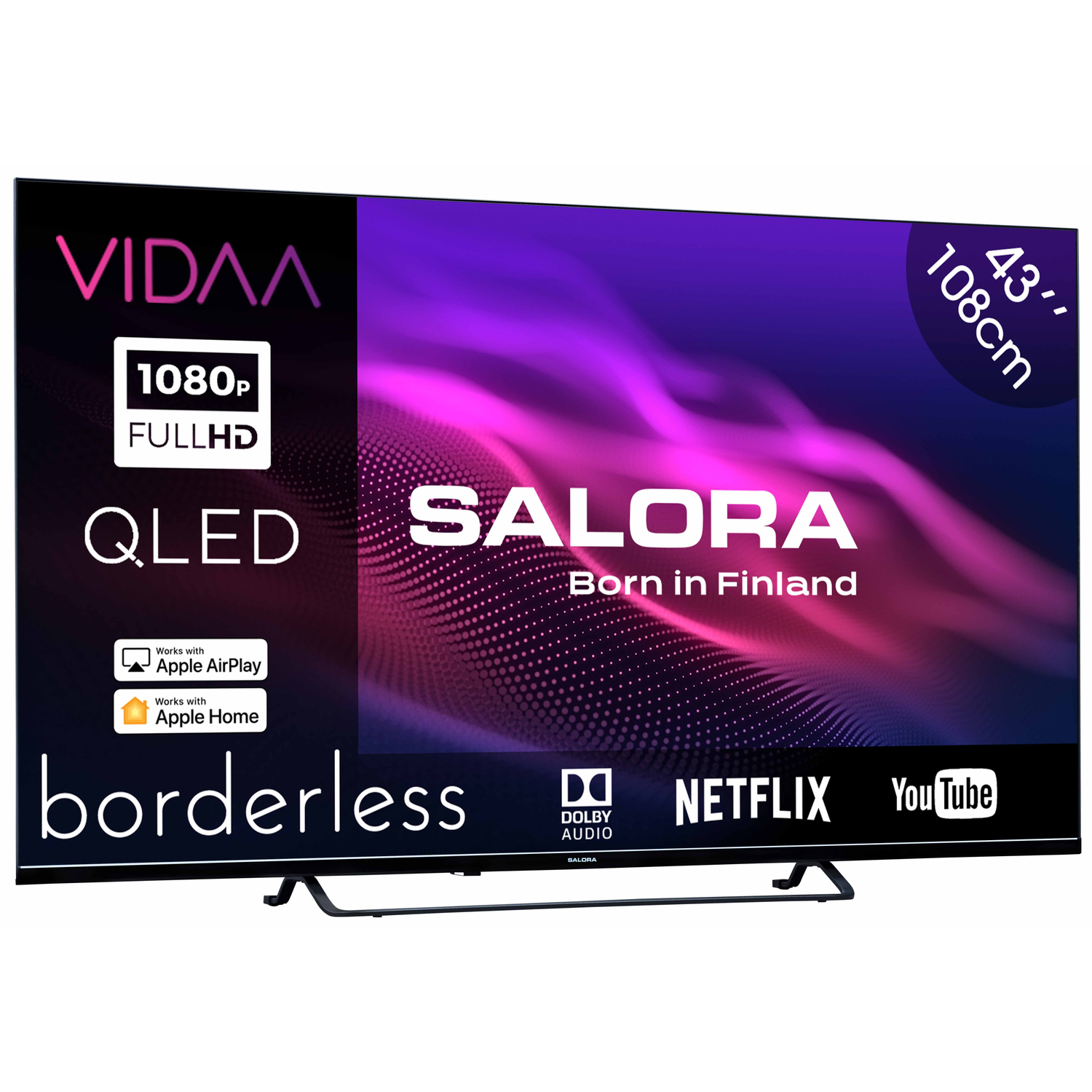 43-inch QLED TV with VIDAA OS, 1080p Full HD, borderless design.