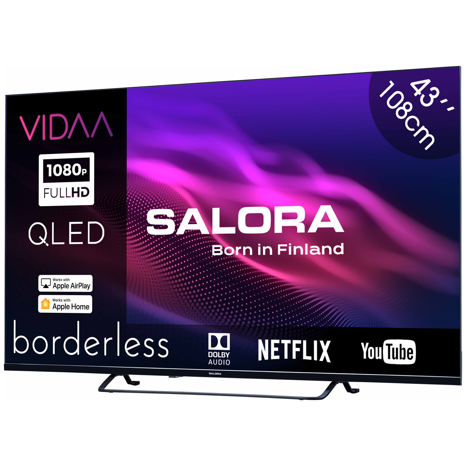 A 43-inch SALORA QLED TV with VIDAA, 1080p, Dolby Audio.