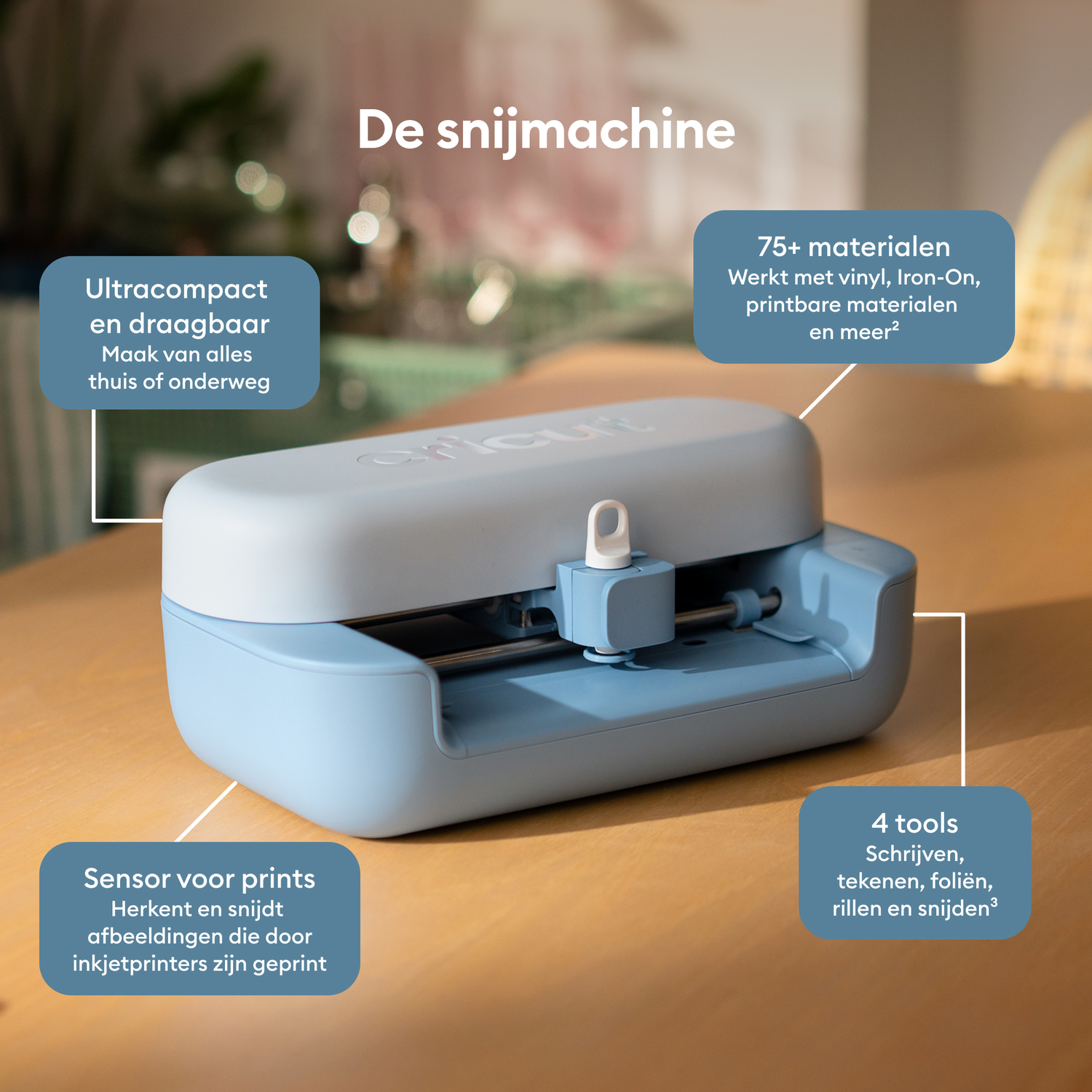 A blue and white cutting machine with text boxes describing features.
