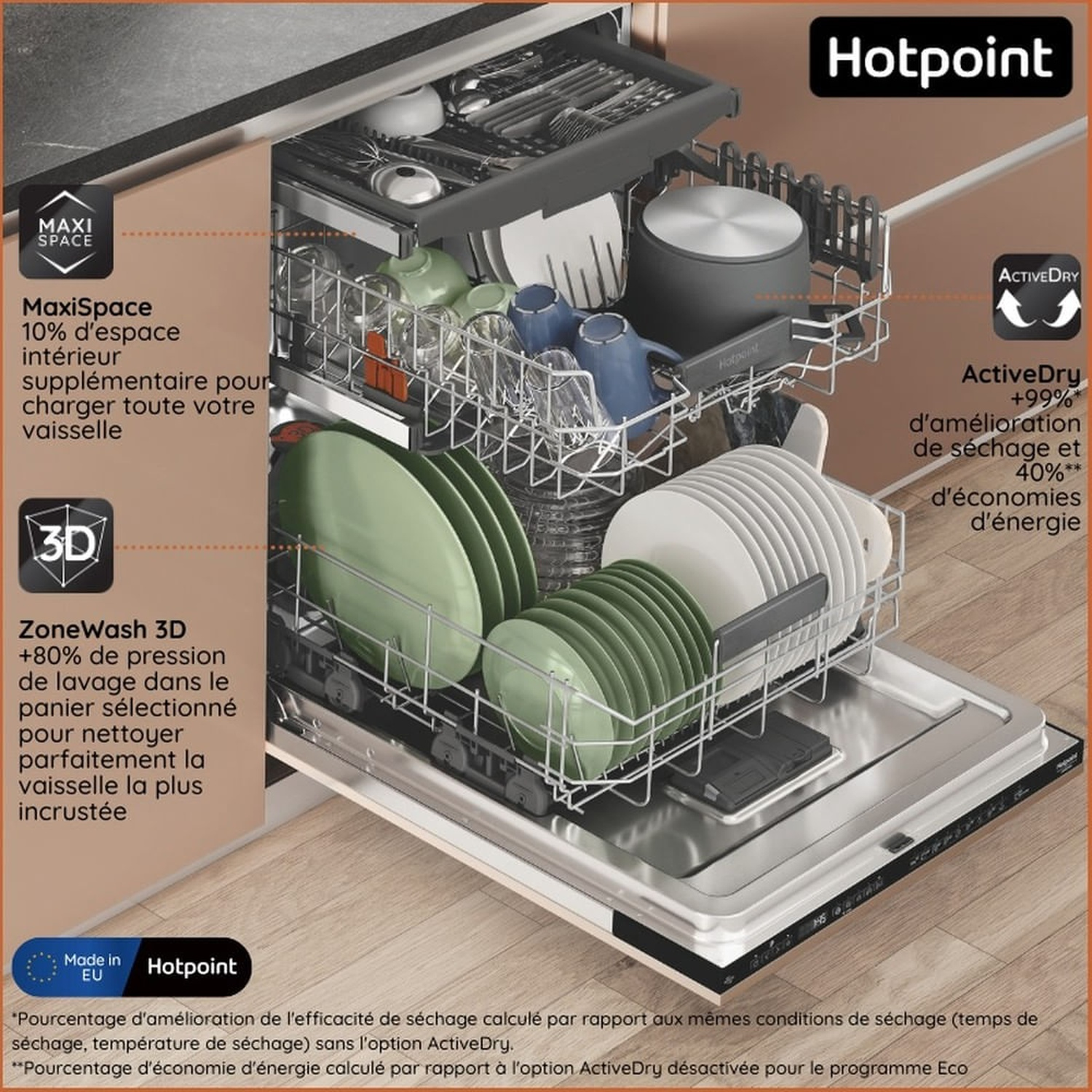 Una lavastoviglie Hotpoint con cestello pieno, evidenziando MaxiSpace e ActiveDry.
