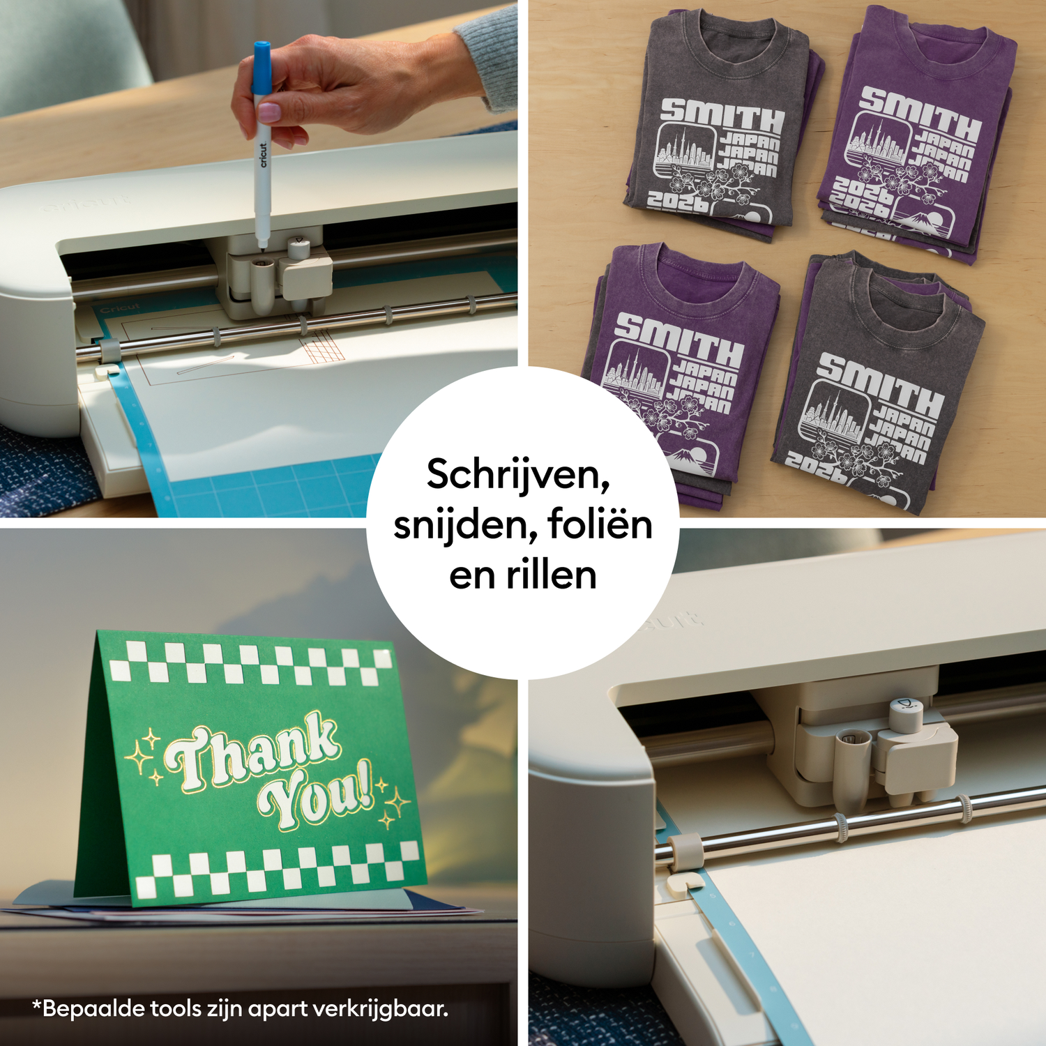 A collage shows a cutting machine, t-shirts, a thank you card, and text.