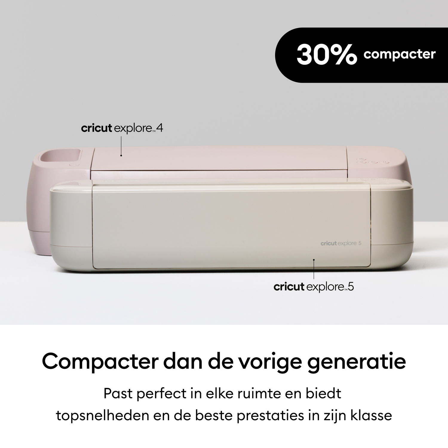 Two Cricut Explore machines: one pink and one light beige, 30% more compact.