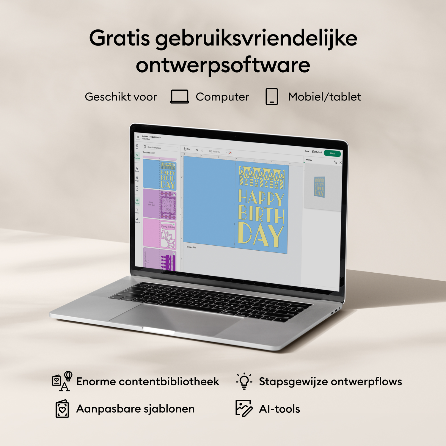 A laptop displays design software with a 'Happy Birthday' card design. Icons for features are below.