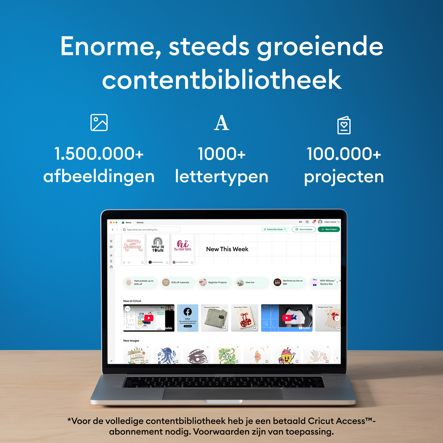 Laptop shows a vast growing library with 1.5M images, 1000 fonts, 100k projects.