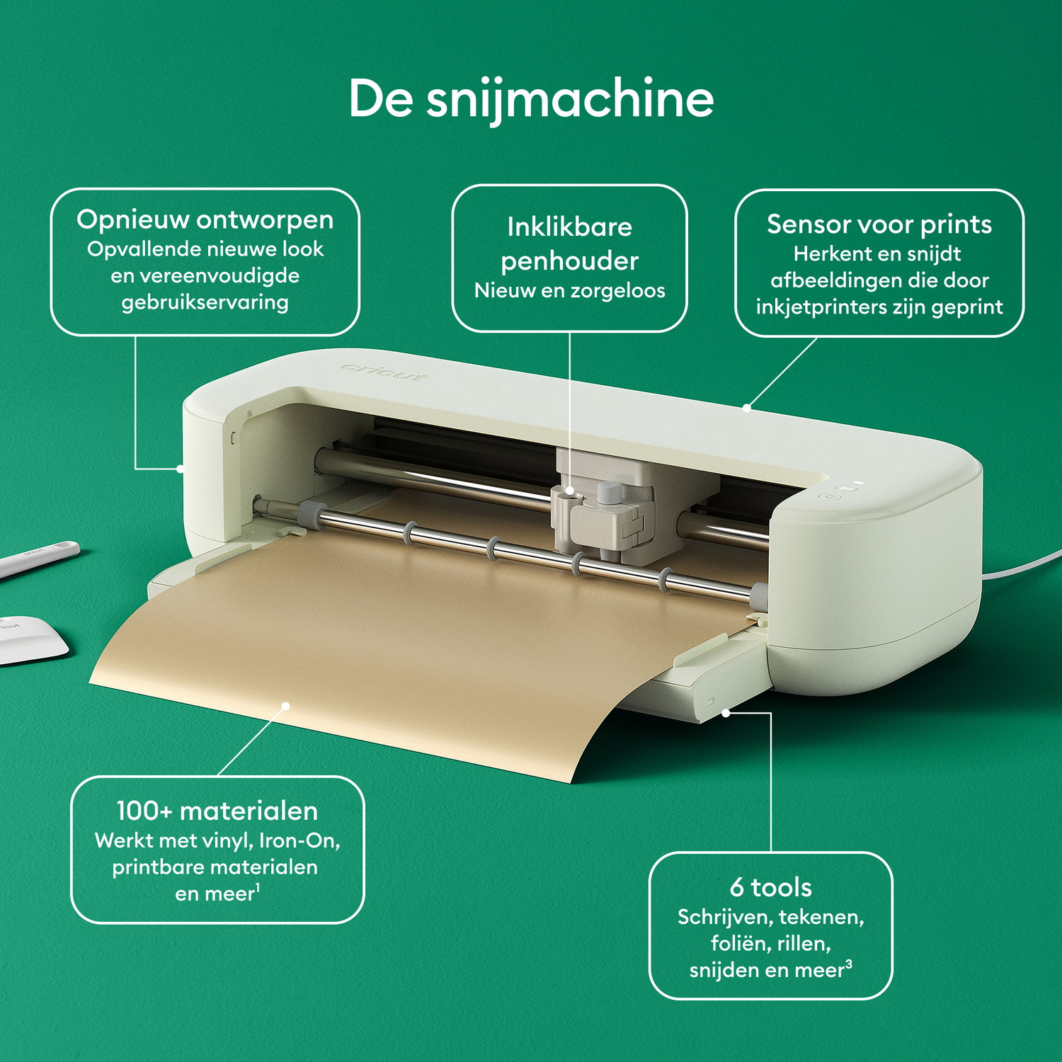 A white cutting machine with a gold mat, set against a green background.