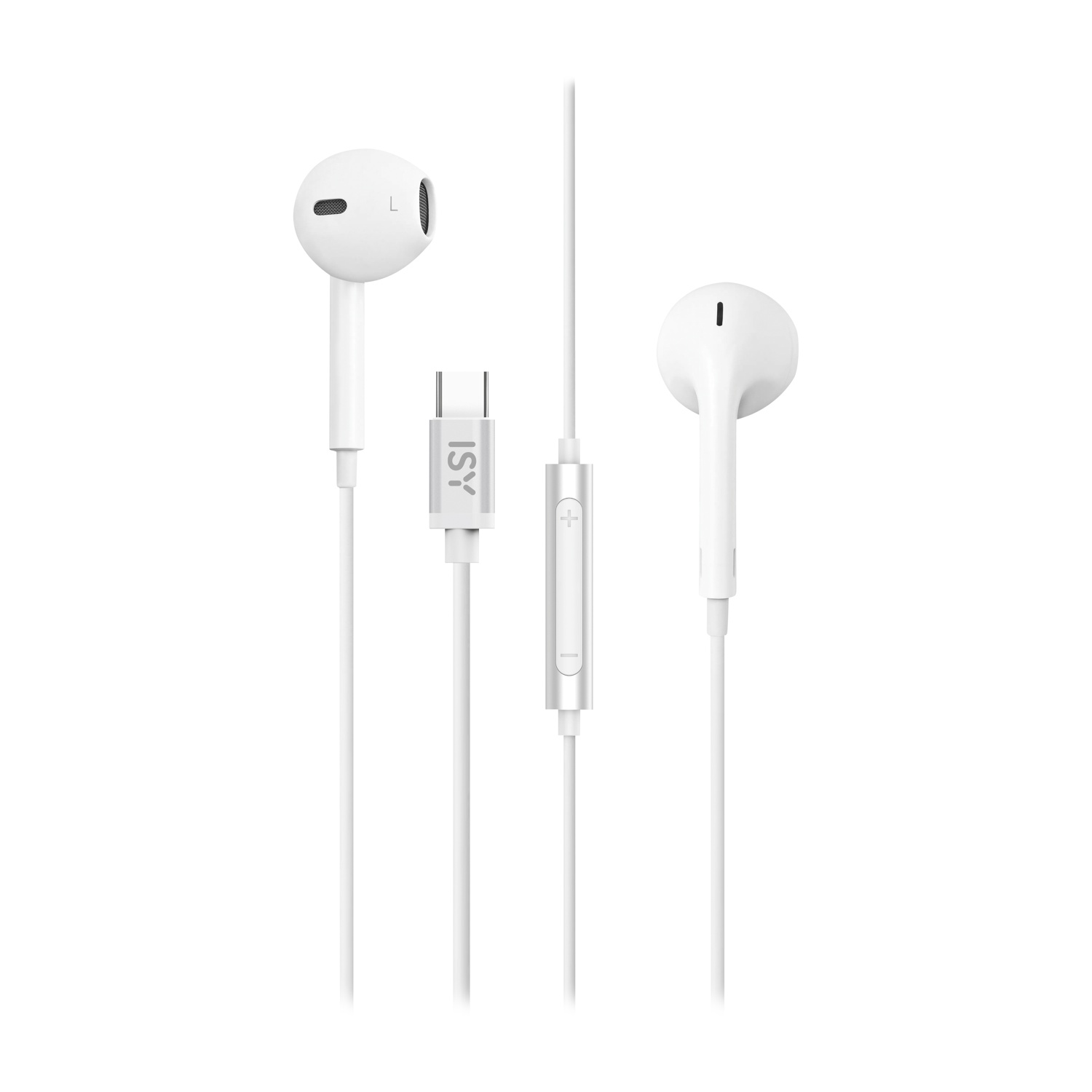 Auricolari bianchi in-ear con connettore USB-C e controlli volume.