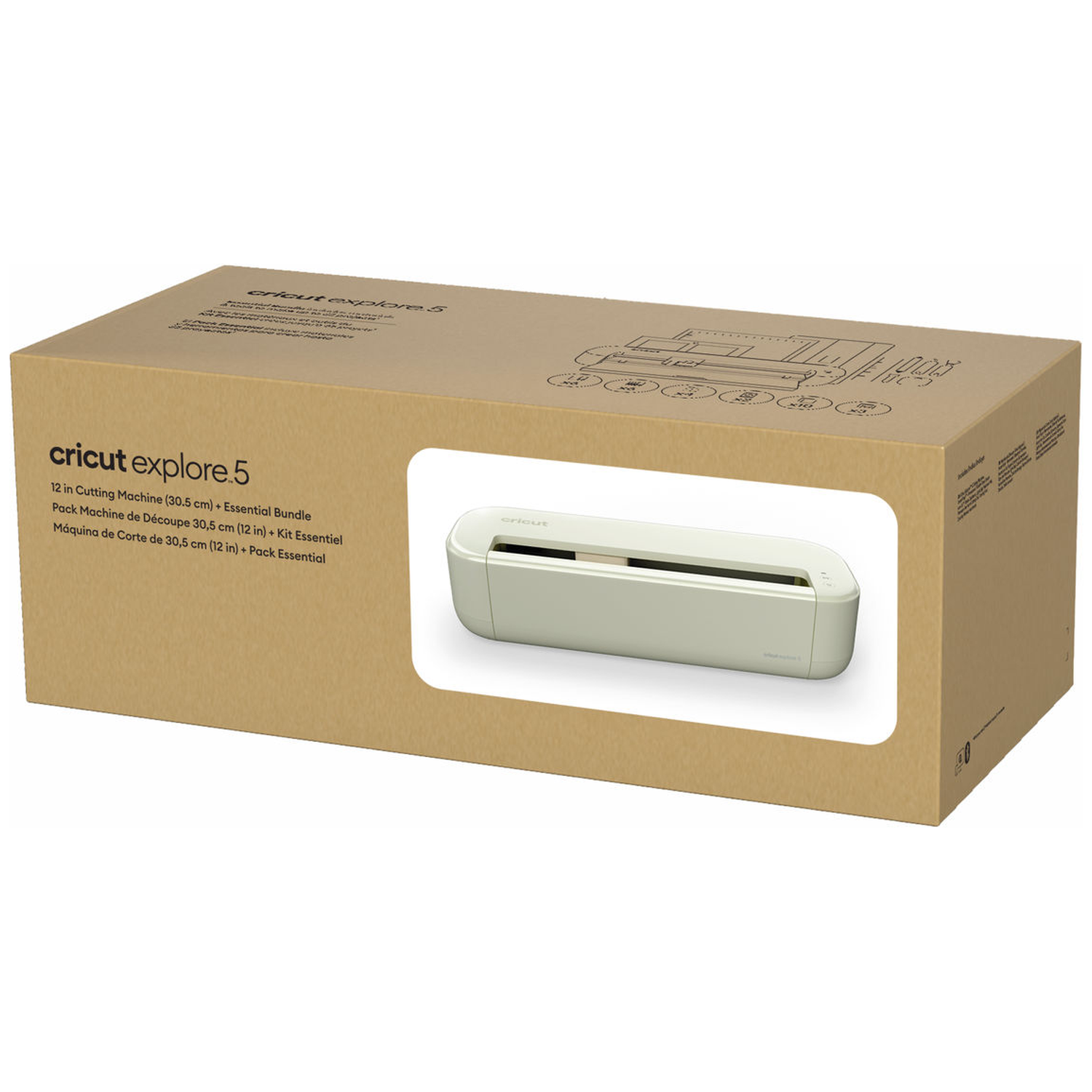 Cardboard box displaying a Cricut Explore 5 cutting machine and essential bundle.