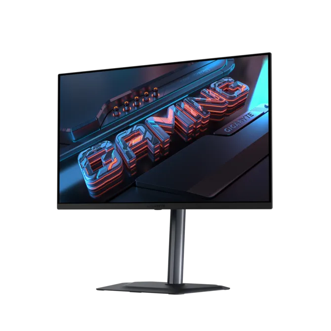 Un monitor de juegos que muestra letras brillantes en la pantalla sobre fondo negro.