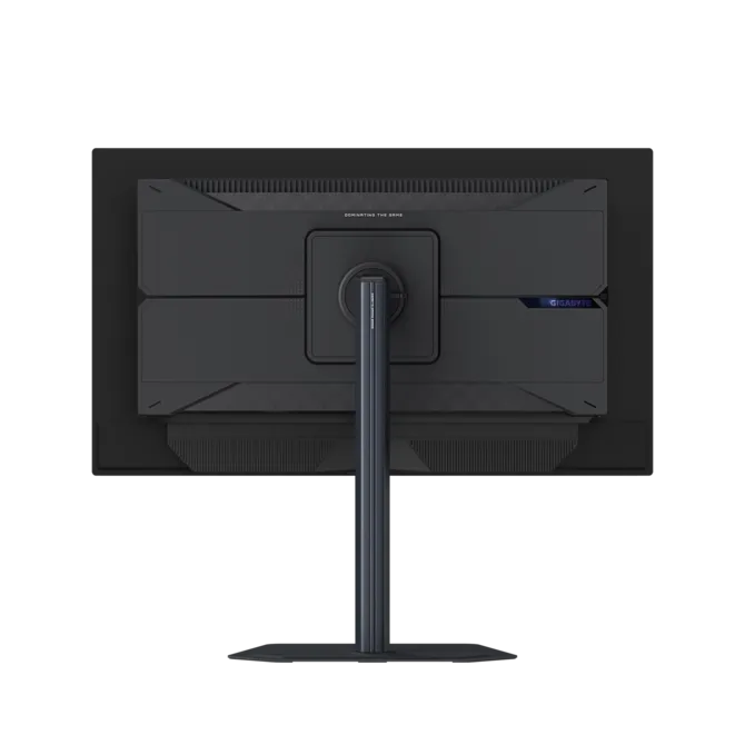 La parte trasera de un monitor negro con soporte plateado.