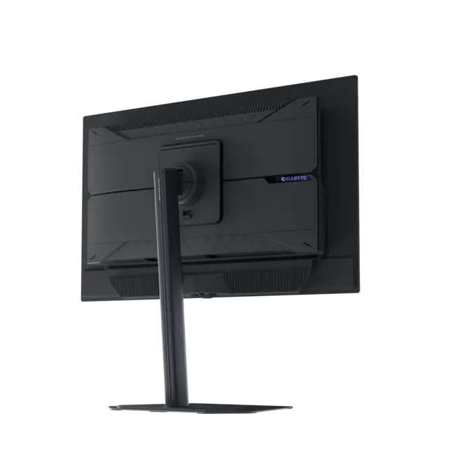 Vista trasera de un monitor negro con logo GIGABYTE y soporte ajustable.