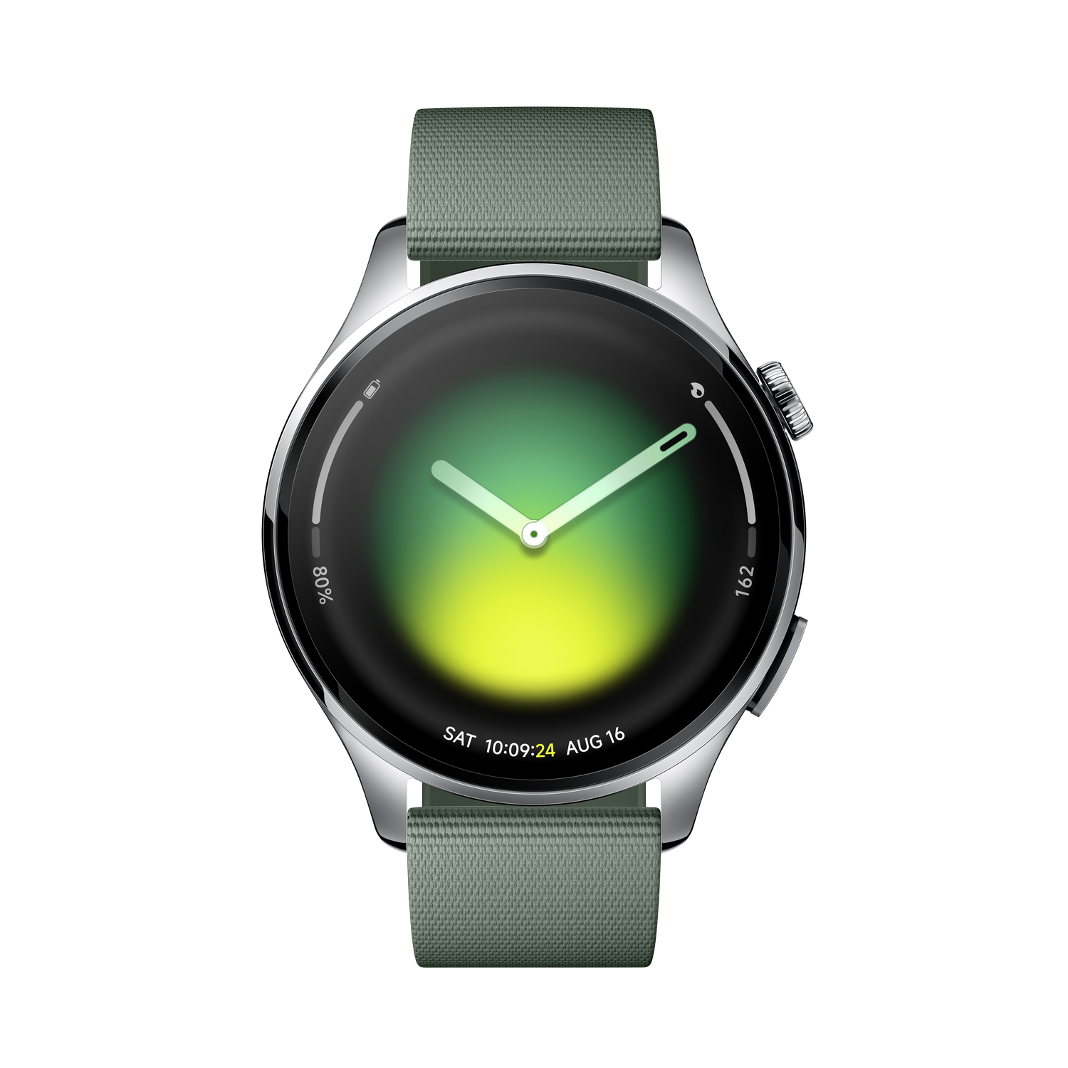 Reloj inteligente plateado con banda verde, muestra 80% de batería y 10:09.