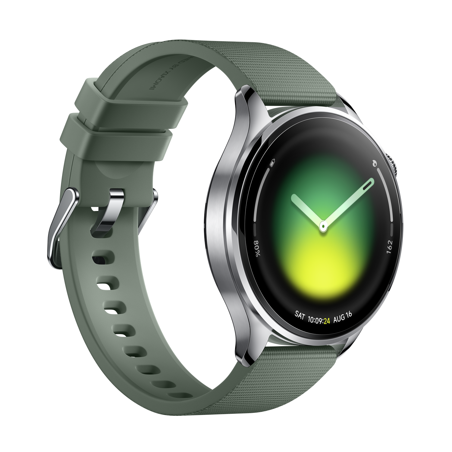 Un reloj inteligente verde con caja plateada y esfera de degradado verde.