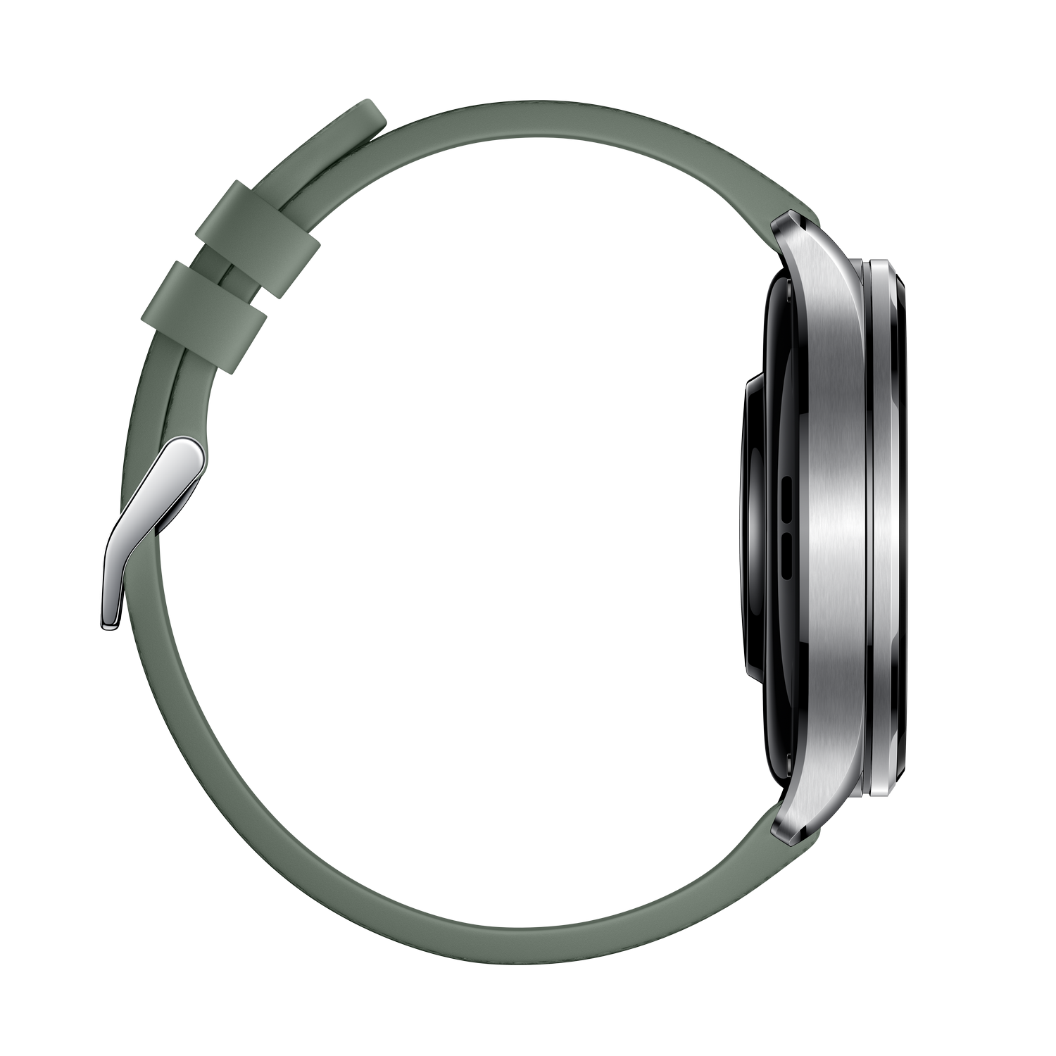Un reloj inteligente plateado con correa verde, visto de lado.