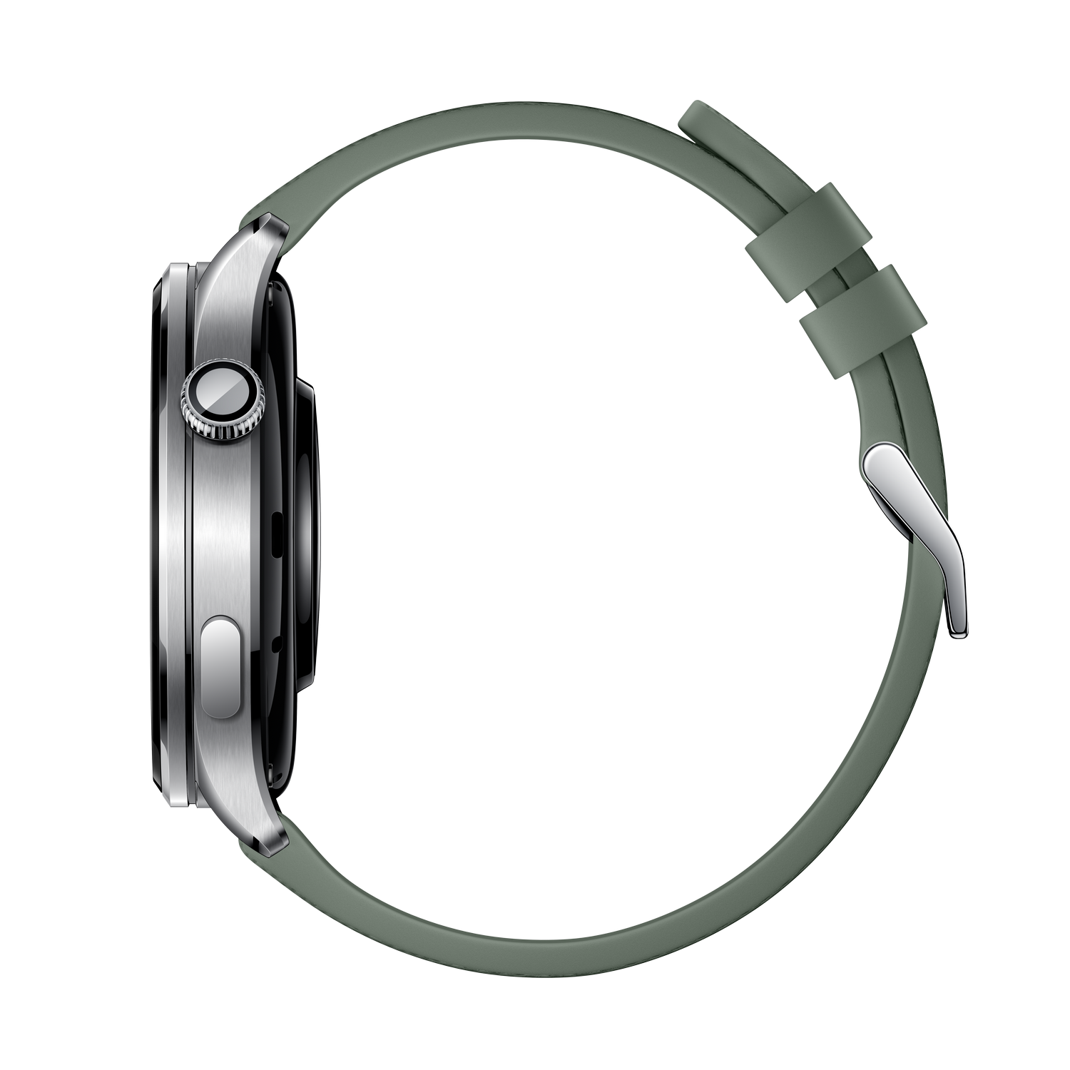 Reloj inteligente plateado con correa gris, vista lateral.