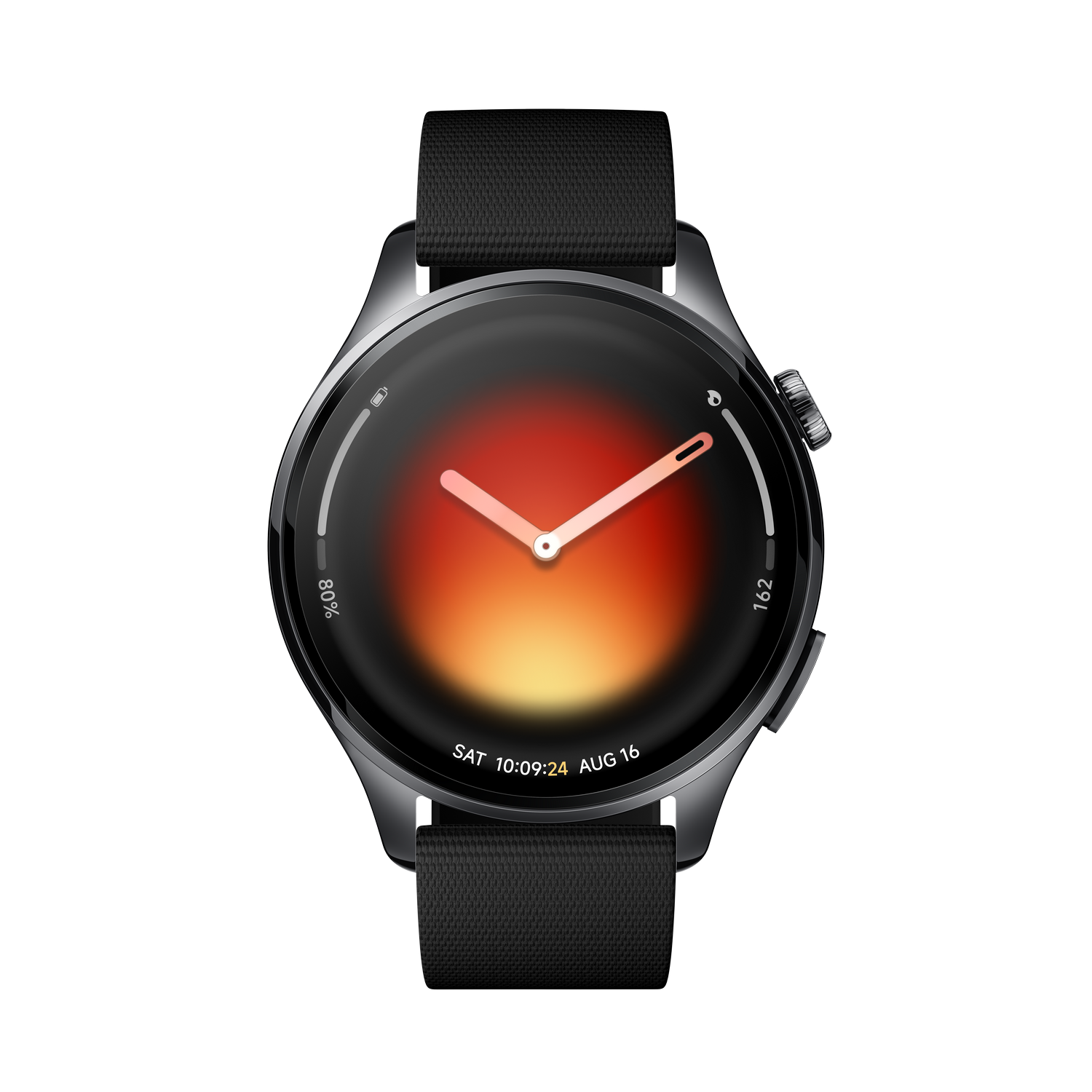 Un reloj inteligente gris con correa negra y esfera colorida.