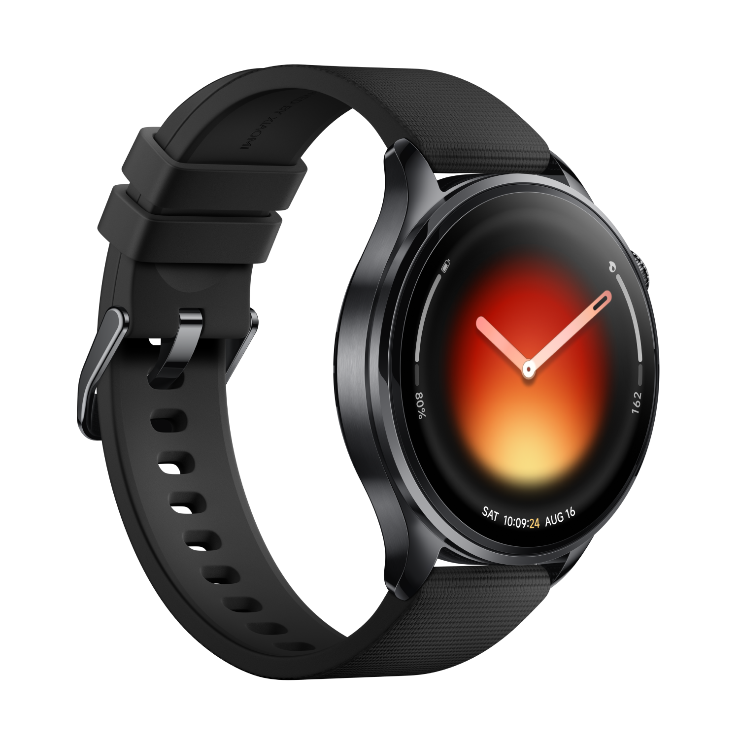 Un reloj inteligente negro con esfera colorida y correa de tela.