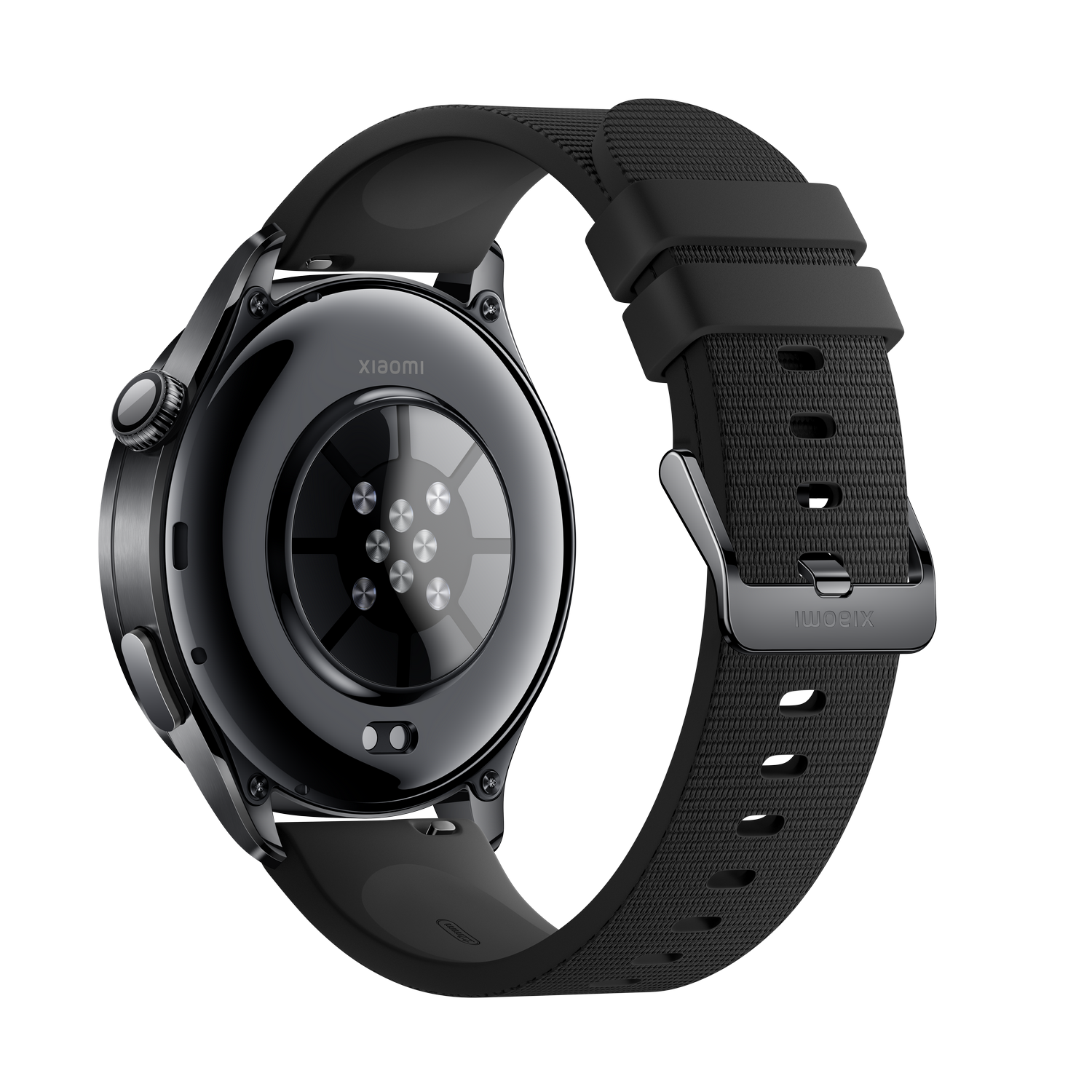 Vista posterior de un smartwatch Xiaomi negro con sensores de ritmo cardíaco.