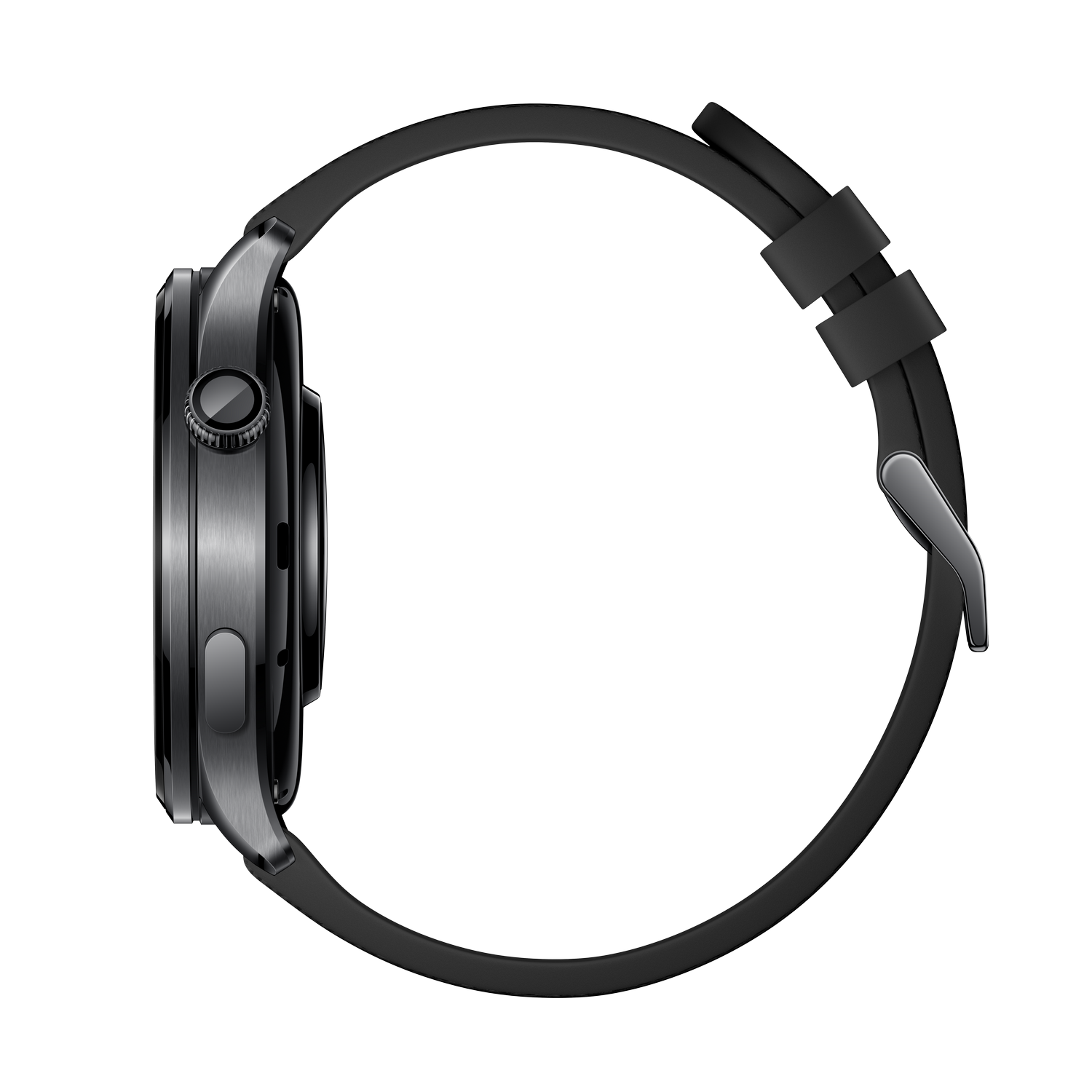 Reloj inteligente gris con correa negra, vista lateral.