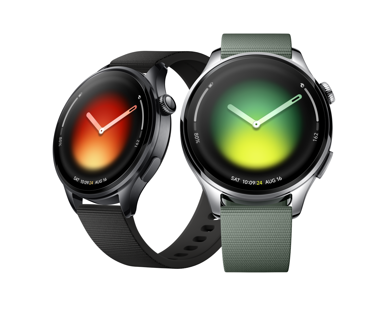 Dos relojes inteligentes con correas negras y verdes sobre fondo negro.