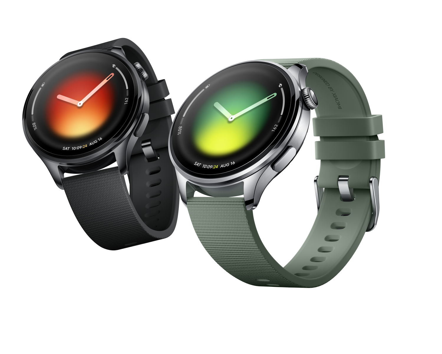 Dos relojes inteligentes con correas negras y verdes sobre fondo negro.