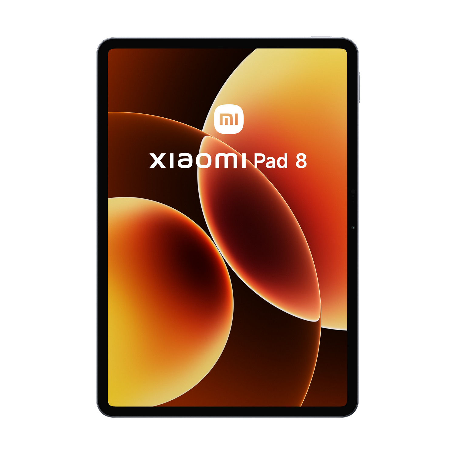 Una tablet Xiaomi Pad 8 sobre un fondo abstracto naranja y amarillo cálido.